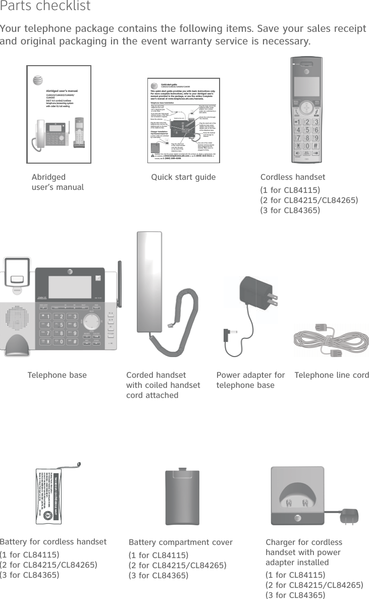 Parts checklistYour telephone package contains the following items. Save your sales receipt and original packaging in the event warranty service is necessary.Telephone line cordPower adapter for telephone baseTelephone baseQuick start guideCorded handset with coiled handset cord attachedCordless handset(1 for CL84115) (2 for CL84215/CL84265) (3 for CL84365)Charger for cordless handset with power adapter installed (1 for CL84115) (2 for CL84215/CL84265) (3 for CL84365)Battery for cordless handset(1 for CL84115) (2 for CL84215/CL84265) (3 for CL84365)THIS SIDE UP / CE CÔTÉ VERS LE HAUTBattery Pack / Bloc-piles :BT183342/BT283342 (2.4V 400mAh Ni-MH)WARNING / AVERTISSEMENT :DO NOT BURN OR PUNCTURE BATTERIES.NE PAS INCINÉRER OU PERCER LES PILES.Made in China / Fabriqué en chine                  CR1349       Battery compartment cover (1 for CL84115) (2 for CL84215/CL84265) (3 for CL84365)Abridged user’s manualAbridged user’s manualCL84115/CL84215/CL84265/ CL84365DECT 6.0 corded/cordless  telephone/answering system  with caller ID/call waitingTelephone base installationThis quick start guide provides you with basic instructions only. For more complete instructions, refer to your Abridged user’s manual provided in the package, or see the online Complete user’s manual at www.telephones.att.com/manuals.Quick start guideCL84115/CL84215/CL84265/CL84365Caution: Use only the power adapter provided with this product. To obtain a replacement, visit our website at www.telephones.att.com or call 1 (800) 222-3111. In Canada, dial 1 (866) 288-4268.Charger installationRaise the antenna.Plug the other end of the telephone line cord into the telephone jack on the back of the telephone base.Plug the small end of the telephone base power adapter into the power adapter jack on the back of the telephone base.Plug the large end of the telephone base power adapter into a power outlet not controlled by a wall switch.Plug one end of the telephone line cord into a telephone jack or a DSL filter.If you have DSL high-speed Internet service, a DSL filter (not included) is required.Telephone line cordRoute the cords through the channels.Plug the other end of the coiled handset cord into the jack on the back of the telephone base.One end of the coiled handset cord has already been plugged into the handset. Make sure it is plugged in firmly.Route the handset cord through its channel.Plug the power adapter into a power outlet not controlled by a wall switch.Telephone line cord