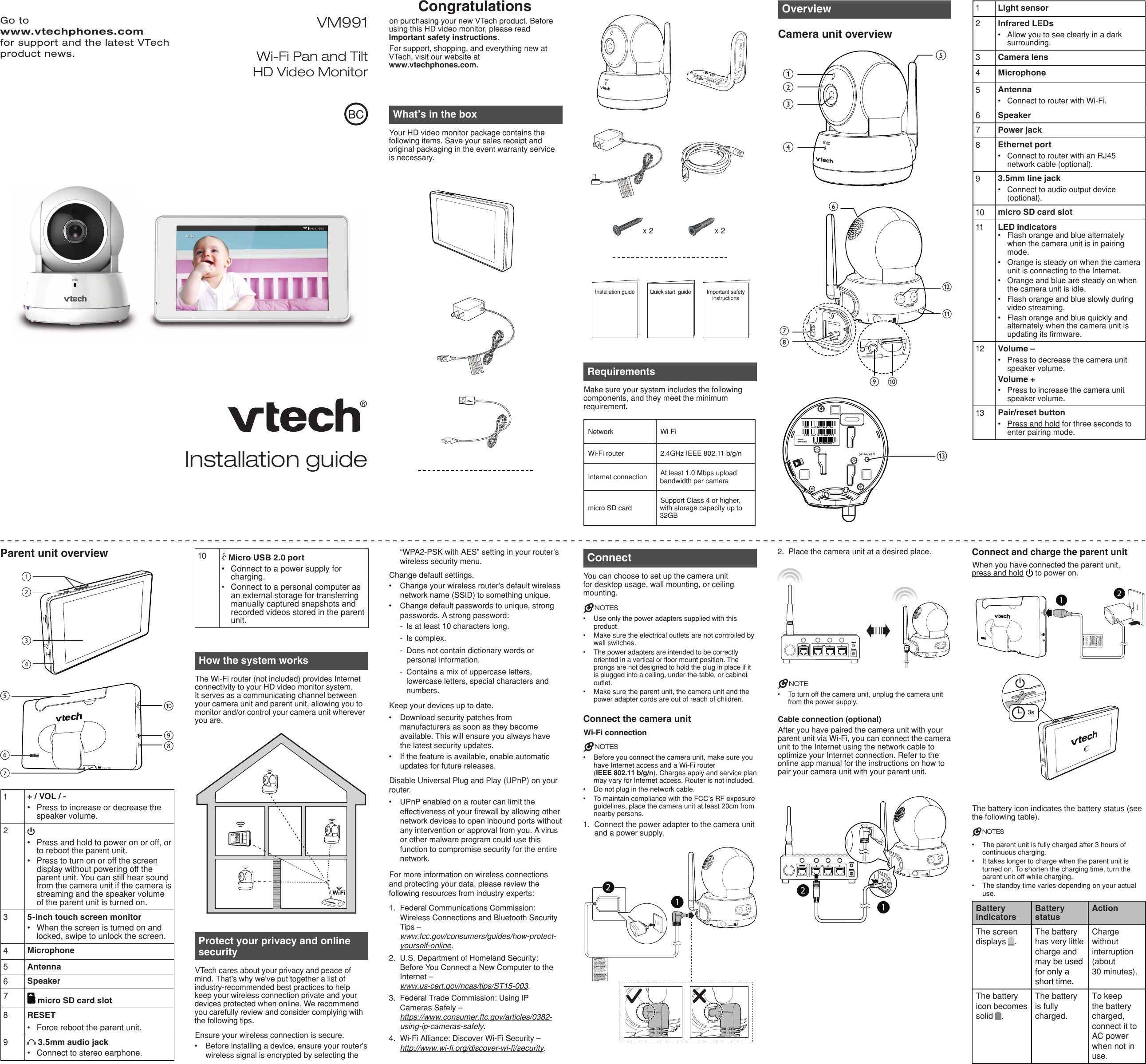 What’s in the boxYour HD video monitor package contains the following items. Save your sales receipt and original packaging in the event warranty service is necessary.Connect and charge the parent unitWhen you have connected the parent unit,  press and hold   to power on.The battery icon indicates the battery status (see the following table).NOTES• The parent unit is fully charged after 3 hours of continuous charging.• It takes longer to charge when the parent unit is turned on. To shorten the charging time, turn the parent unit off while charging.• The standby time varies depending on your actual use.Battery indicatorsBattery statusActionThe screen displays  .The battery has very little charge and may be used for only a short time.Charge without interruption (about  30 minutes).The battery icon becomes solid  .The battery is fully charged.To keep the battery charged, connect it to AC power when not in use.2.  Place the camera unit at a desired place.NOTES• To turn off the camera unit, unplug the camera unit from the power supply.Cable connection (optional)After you have paired the camera unit with your parent unit via Wi-Fi, you can connect the camera unit to the Internet using the network cable to optimize your Internet connection. Refer to the online app manual for the instructions on how to pair your camera unit with your parent unit.ConnectYou can choose to set up the camera unit for desktop usage, wall mounting, or ceiling mounting.NOTES• Use only the power adapters supplied with this product.• Make sure the electrical outlets are not controlled by wall switches.• The power adapters are intended to be correctly oriented in a vertical or floor mount position. The prongs are not designed to hold the plug in place if it is plugged into a ceiling, under-the-table, or cabinet outlet.• Make sure the parent unit, the camera unit and the power adapter cords are out of reach of children.Connect the camera unitWi-Fi connectionNOTES• Before you connect the camera unit, make sure you have Internet access and a Wi-Fi router  (IEEE 802.11 b/g/n). Charges apply and service plan may vary for Internet access. Router is not included.• Do not plug in the network cable.• To maintain compliance with the FCC’s RF exposure guidelines, place the camera unit at least 20cm from nearby persons.1.  Connect the power adapter to the camera unit and a power supply.micx 2 x 2OverviewCamera unit overviewmicabcdevolume-+fghklmicro SDijGo to  www.vtechphones.com   for support and the latest VTech product news.Congratulationson purchasing your new VTech product. Before using this HD video monitor, please read Important safety instructions.For support, shopping, and everything new at VTech, visit our website at  www.vtechphones.com.RequirementsMake sure your system includes the following components, and they meet the minimum requirement.Network Wi-FiWi-Fi router 2.4GHz IEEE 802.11 b/g/nInternet connection At least 1.0 Mbps upload bandwidth per cameramicro SD cardSupport Class 4 or higher, with storage capacity up to 32GBHow the system worksThe Wi-Fi router (not included) provides Internet connectivity to your HD video monitor system. It serves as a communicating channel between your camera unit and parent unit, allowing you to monitor and/or control your camera unit wherever you are.volume-+micro SDInstallation guideVM991Wi-Fi Pan and Tilt  HD Video Monitor1Light sensor2Infrared LEDs• Allow you to see clearly in a dark surrounding.3Camera lens4Microphone5Antenna• Connect to router with Wi-Fi.6Speaker7Power jack8Ethernet port• Connect to router with an RJ45 network cable (optional).93.5mm line jack• Connect to audio output device (optional).10 micro SD card slot11 LED indicators• Flash orange and blue alternately when the camera unit is in pairing mode.• Orange is steady on when the camera unit is connecting to the Internet.• Orange and blue are steady on when the camera unit is idle.• Flash orange and blue slowly during video streaming.• Flash orange and blue quickly and alternately when the camera unit is updating its firmware.12 Volume –• Press to decrease the camera unit speaker volume.Volume +• Press to increase the camera unit speaker volume.13 Pair/reset button• Press and hold for three seconds to enter pairing mode.Parent unit overview1+ / VOL / -• Press to increase or decrease the speaker volume.2• Press and hold to power on or off, or to reboot the parent unit.• Press to turn on or off the screen display without powering off the parent unit. You can still hear sound from the camera unit if the camera is streaming and the speaker volume of the parent unit is turned on.35-inch touch screen monitor• When the screen is turned on and locked, swipe to unlock the screen.4Microphone5Antenna6Speaker7 micro SD card slot8RESET• Force reboot the parent unit.9 3.5mm audio jack• Connect to stereo earphone.volume-+micro SDvolume-+micro SDBCInstallation guide Important safety instructionsQuick start  guide3sProtect your privacy and online securityVTech cares about your privacy and peace of mind. That’s why we’ve put together a list of industry-recommended best practices to help keep your wireless connection private and your devices protected when online. We recommend you carefully review and consider complying with the following tips.Ensure your wireless connection is secure.• Before installing a device, ensure your router’s wireless signal is encrypted by selecting the B“WPA2-PSK with AES” setting in your router’s wireless security menu.Change default settings.• Change your wireless router’s default wireless network name (SSID) to something unique.• Change default passwords to unique, strong passwords. A strong password:-  Is at least 10 characters long.-  Is complex.-  Does not contain dictionary words or personal information.-  Contains a mix of uppercase letters, lowercase letters, special characters and numbers.Keep your devices up to date.• Download security patches from manufacturers as soon as they become available. This will ensure you always have the latest security updates.• If the feature is available, enable automatic updates for future releases.Disable Universal Plug and Play (UPnP) on your router.• UPnP enabled on a router can limit the effectiveness of your firewall by allowing other network devices to open inbound ports without any intervention or approval from you. A virus or other malware program could use this function to compromise security for the entire network.For more information on wireless connections and protecting your data, please review the following resources from industry experts:1.  Federal Communications Commission: Wireless Connections and Bluetooth Security Tips– www.fcc.gov/consumers/guides/how-protect-yourself-online.2.  U.S. Department of Homeland Security: Before You Connect a New Computer to the Internet– www.us-cert.gov/ncas/tips/ST15-003.3.  Federal Trade Commission: Using IP CamerasSafely– https://www.consumer.ftc.gov/articles/0382-using-ip-cameras-safely.4.  Wi-FiAlliance:DiscoverWi-FiSecurity– http://www.wi-.org/discover-wi-/security.    10  Micro USB 2.0 port• Connect to a power supply for charging.• Connect to a personal computer as an external storage for transferring manually captured snapshots and recorded videos stored in the parent unit.WIFI   MAC:0012A4A3CE4LAN   MAC:00122A4A3CE5S/N:VM500006007mModel:VM991 BUB