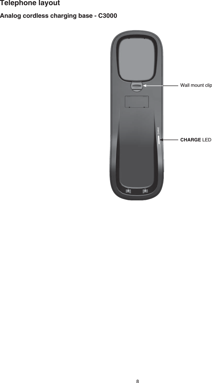 8Analog cordless charging base - C3000Telephone layoutWall mount clipCHARGE.&apos;&amp;
