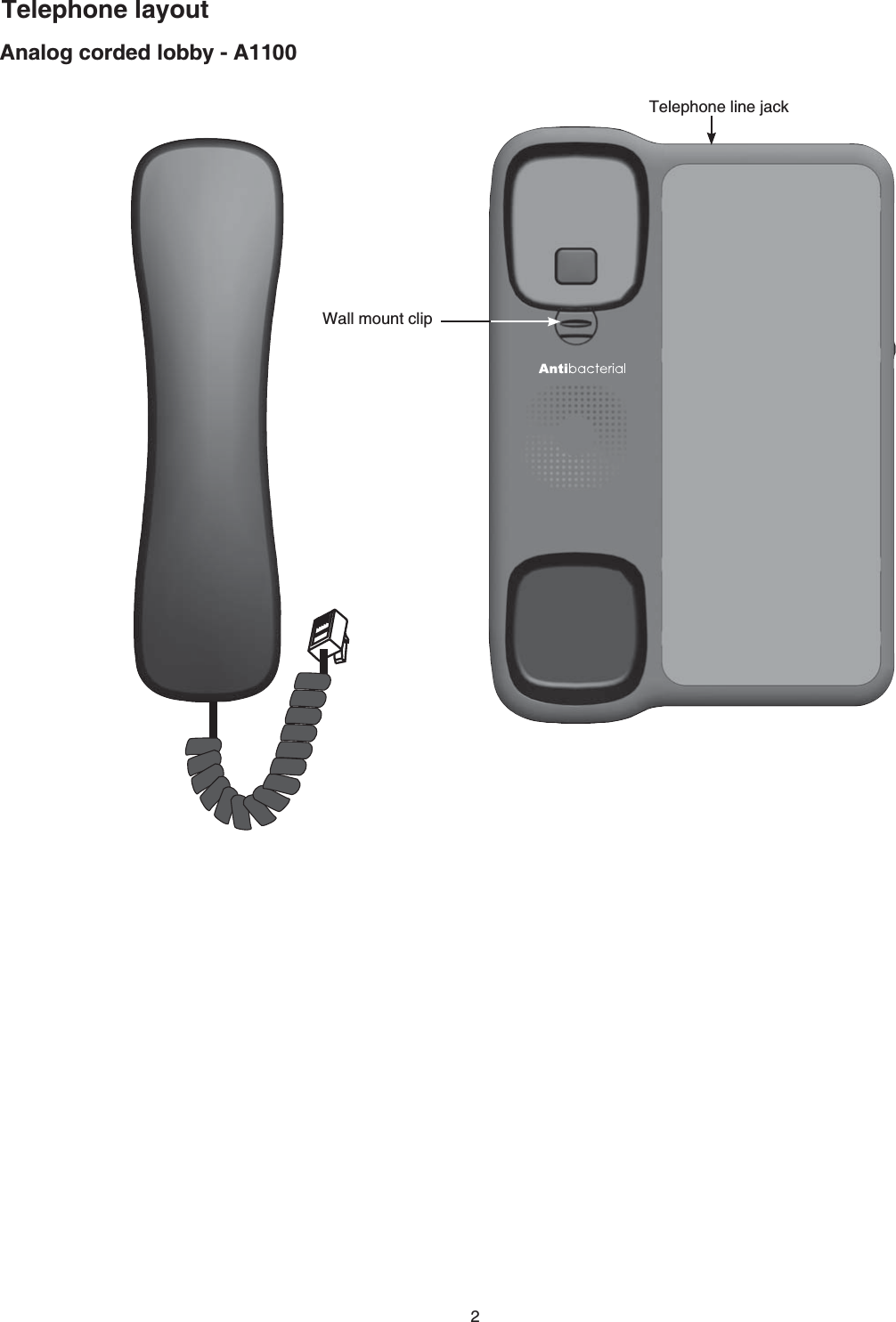 2Telephone layoutAnalog corded lobby - A1100Telephone line jackWall mount clip