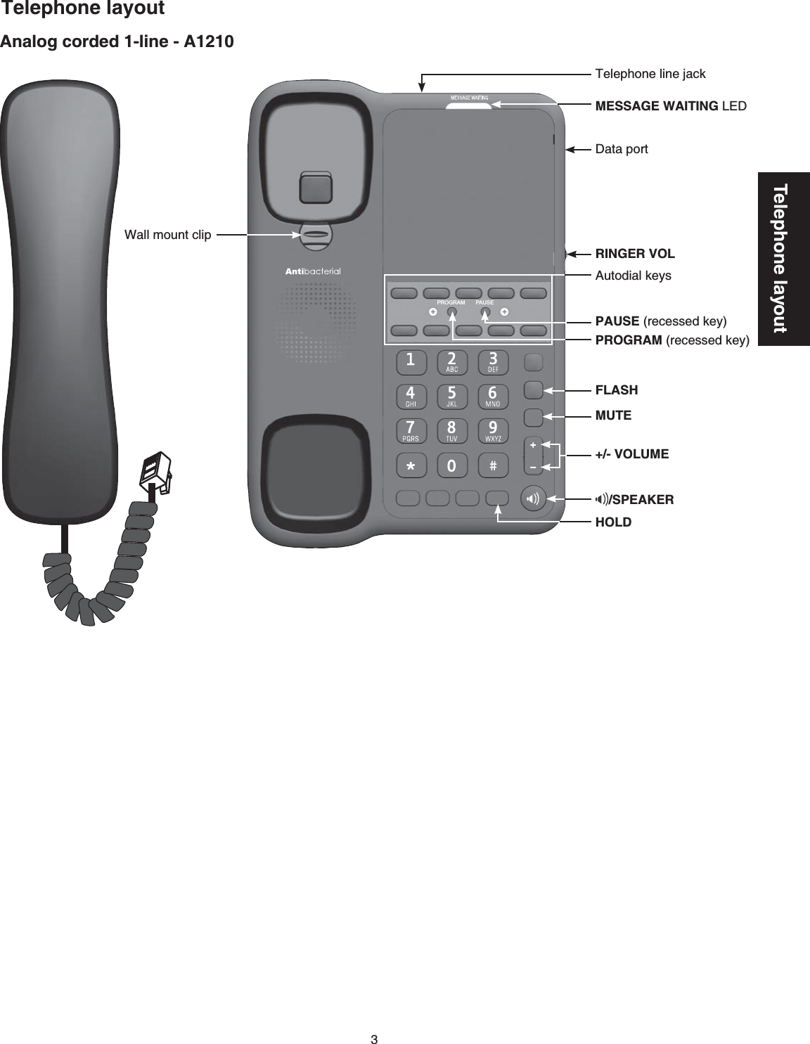 3Telephone layoutTelephone layoutAnalog corded 1-line - A1210PROGRAM PAUSE+/- VOLUMEMUTEFLASHPROGRAM (recessed key)PAUSE (recessed key)Autodial keys&amp;CVCRQTVMESSAGE WAITING.&apos;&amp;Telephone line jackWall mount clipRINGER VOLHOLD/SPEAKER