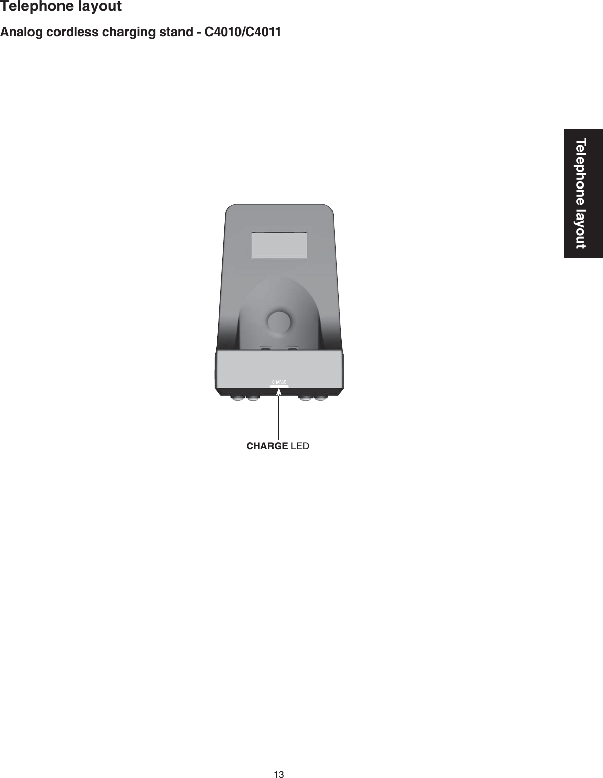 13Telephone layoutTelephone layoutAnalog cordless charging stand - C4010/C4011CHARGE LED