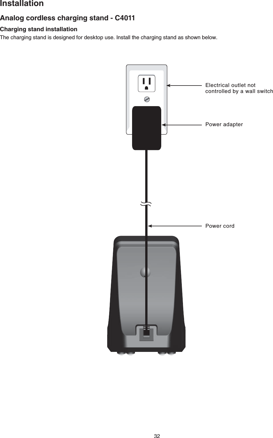 32Analog cordless charging stand - C4011InstallationCharging stand installationThe charging stand is designed for desktop use. Install the charging stand as shown below.Power adapterElectrical outlet not controlled by a wall switchPower cord