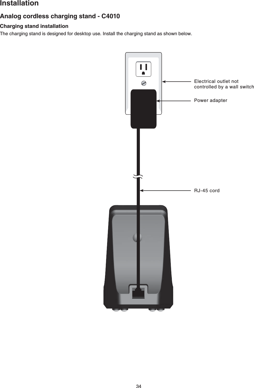34Analog cordless charging stand - C4010InstallationCharging stand installationThe charging stand is designed for desktop use. Install the charging stand as shown below.Power adapterElectrical outlet not controlled by a wall switchRJ-45 cord
