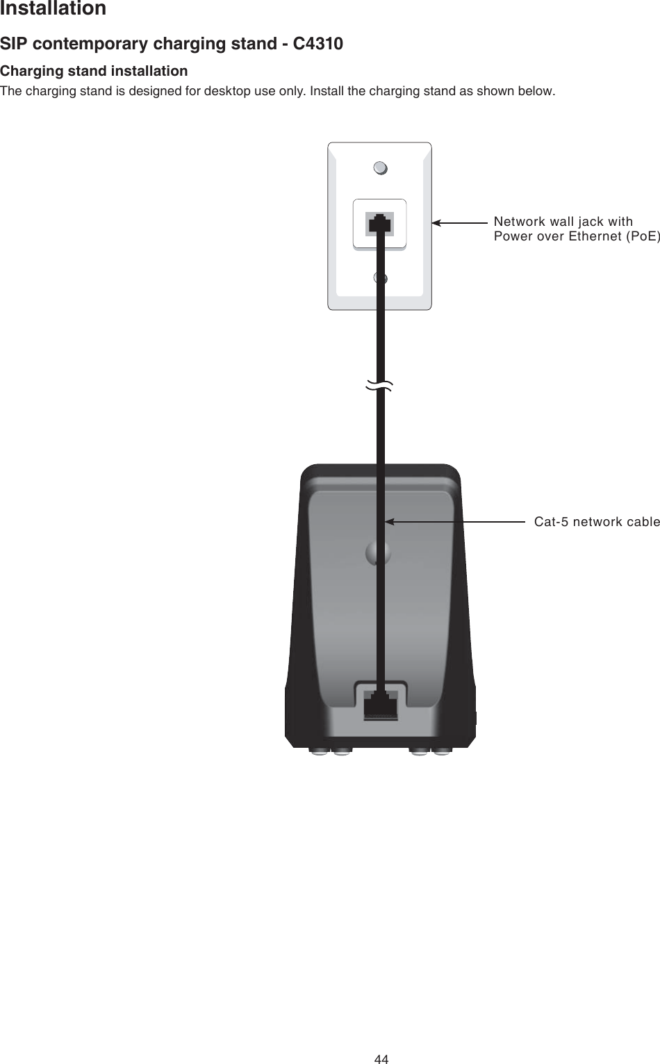 44InstallationSIP contemporary charging stand - C4310Charging stand installationThe charging stand is designed for desktop use only. Install the charging stand as shown below.Network wall jack with Power over Ethernet (PoE)Cat-5 network cable