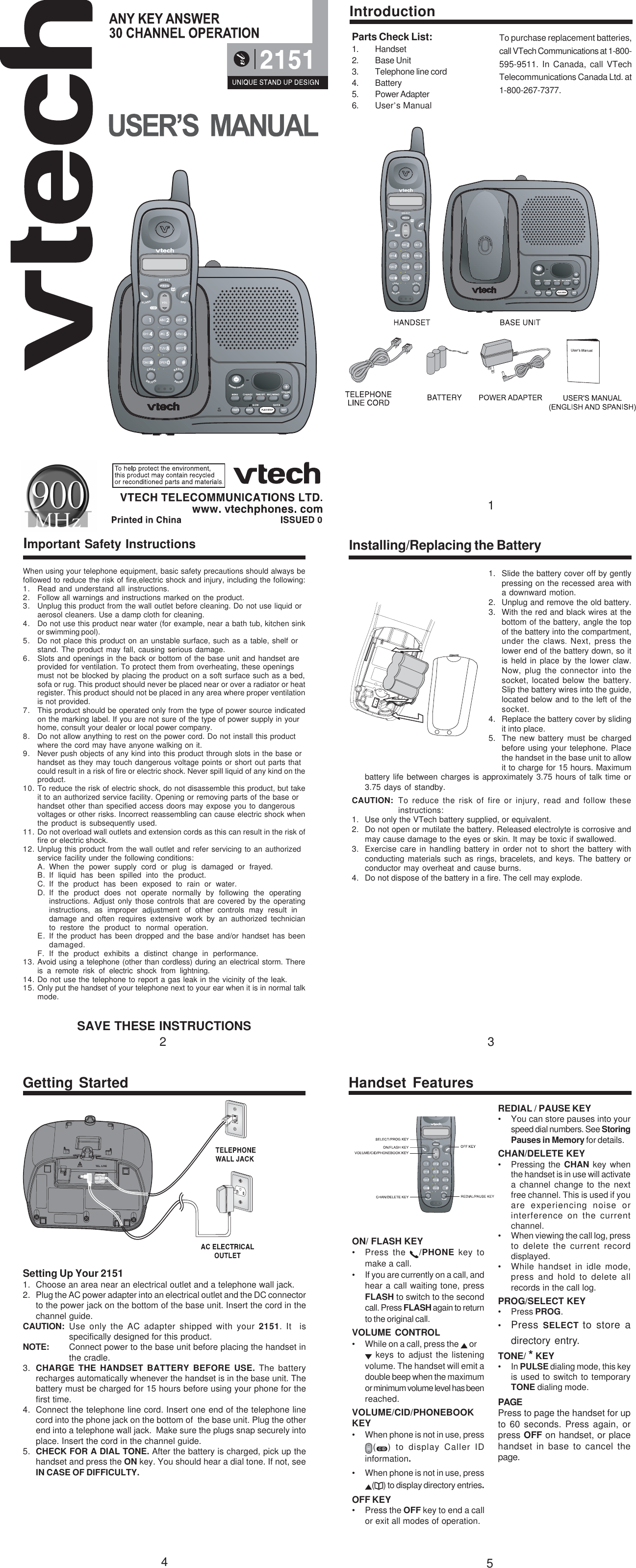 Page 1 of 6 - VTech T2151 91-00270-020-000.2151.R0 User Manual  To The A481a7ec-a103-4a0b-b338-efb4586a1883