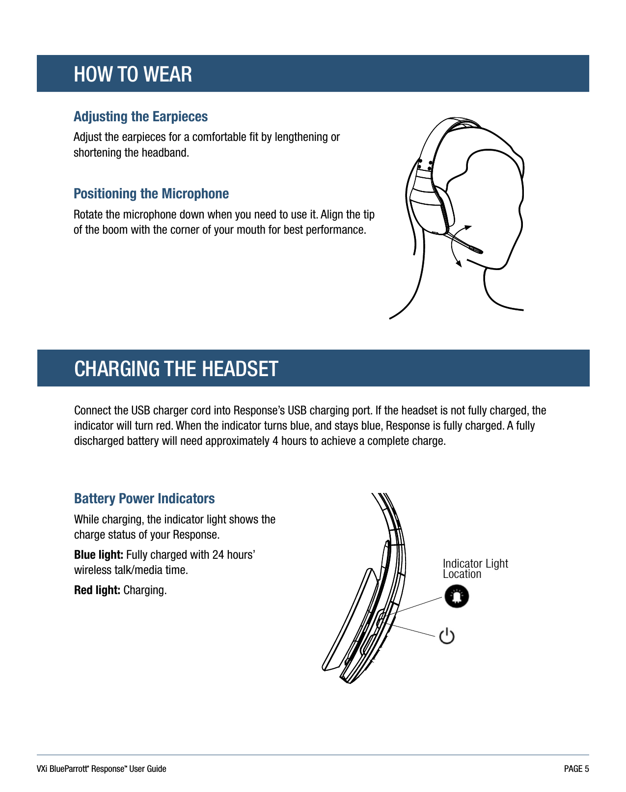 VXi BlueParrott® ResponseTM User Guide PAGE 5HOW TO WEARAdjusting the EarpiecesAdjust the earpieces for a comfortable fit by lengthening or shortening the headband.Positioning the MicrophoneRotate the microphone down when you need to use it. Align the tip  of the boom with the corner of your mouth for best performance.CHARGING THE HEADSETBattery Power IndicatorsWhile charging, the indicator light shows the charge status of your Response.  Blue light: Fully charged with 24 hours’ wireless talk/media time. Red light: Charging.Indicator Light LocationConnect the USB charger cord into Response’s USB charging port. If the headset is not fully charged, the indicator will turn red. When the indicator turns blue, and stays blue, Response is fully charged. A fully discharged battery will need approximately 4 hours to achieve a complete charge.