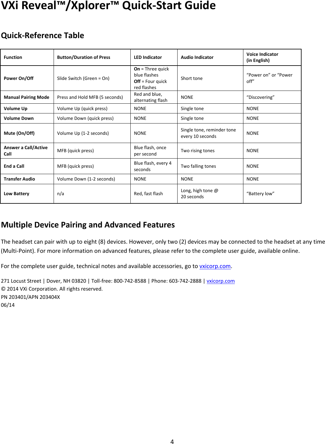 VXiReveal™/Xplorer™Quick‐StartGuide4Quick‐ReferenceTableFunctionButton/DurationofPress LEDIndicatorAudioIndicator VoiceIndicator(inEnglish)PowerOn/OffSlideSwitch(Green=On)On =ThreequickblueflashesOff=FourquickredflashesShorttone“Poweron”or“Poweroff”ManualPairingModePressandHoldMFB(5seconds)Redandblue,alternatingflashNONE“Discovering”VolumeUp VolumeUp(quickpress)NONESingletone NONEVolumeDown VolumeDown(quickpress)NONESingletone NONEMute(On/Off) VolumeUp(1‐2seconds)NONESingletone,remindertoneevery10seconds NONEAnsweraCall/ActiveCallMFB(quickpress) Blueflash,oncepersecondTworisingtones NONEEndaCall MFB(quickpress) Blueflash,every4seconds Twofallingtones NONETransferAudio VolumeDown(1‐2seconds)NONENONENONELowBatteryn/aRed,fastflashLong,hightone@20seconds“Batterylow”MultipleDevicePairingandAdvancedFeaturesTheheadsetcanpairwithuptoeight(8)devices.However,onlytwo(2)devicesmaybeconnectedtotheheadsetatanytime(Multi‐Point).Formoreinformationonadvancedfeatures,pleaserefertothecompleteuserguide,availableonline.Forthecompleteuserguide,technicalnotesandavailableaccessories,gotovxicorp.com.271LocustStreet|Dover,NH03820|Toll‐free:800‐742‐8588|Phone:603‐742‐2888|vxicorp.com©2014VXiCorporation.Allrightsreserved.PN203401/APN203404X06/14