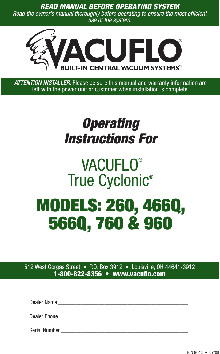 Page 1 of 12 - Vacuflo Vacuflo-True-Cyclonic-260-Users-Manual-  Vacuflo-true-cyclonic-260-users-manual