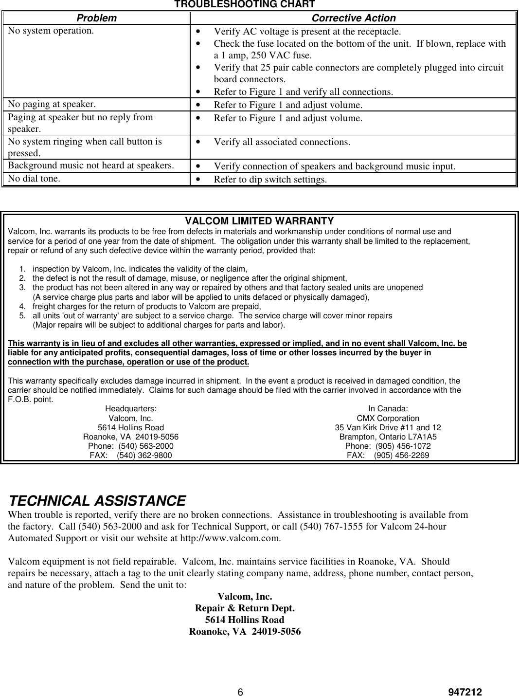 Page 6 of 6 - Valcom Valcom-Intercom-System-Vsp-V-2925A-Users-Manual- Valcom-intercom-system-vsp-v-2925a-users-manual