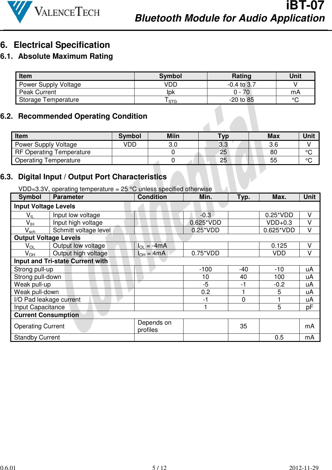  iBT-07 Bluetooth Module for Audio Application        0.6.01  5 / 12  2012-11-29  6.  Electrical Specification 6.1.  Absolute Maximum Rating  Item Symbol Rating Unit Power Supply Voltage  VDD  -0.4 to 3.7  V Peak Current  Ipk  0 - 70  mA Storage Temperature  TSTG  -20 to 85  °C  6.2.  Recommended Operating Condition  Item Symbol Miin Typ Max Unit Power Supply Voltage  VDD  3.0  3.3  3.6  V RF Operating Temperature    0  25  80  °C Operating Temperature    0  25  55  °C  6.3.  Digital Input / Output Port Characteristics VDD=3.3V, operating temperature = 25 °C unless specified otherwise Symbol Parameter Condition Min. Typ. Max. Unit Input Voltage Levels VIL Input low voltage    -0.3   0.25*VDD  V VIH Input high voltage    0.625*VDD   VDD+0.3  V Vsch Schmitt voltage level    0.25*VDD   0.625*VDD V Output Voltage Levels VOL Output low voltage  IOL = -4mA    0.125  V VOH Output high voltage  IOH = 4mA  0.75*VDD   VDD  V Input and Tri-state Current with Strong pull-up    -100  -40  -10  uA Strong pull-down    10  40  100  uA Weak pull-up    -5  -1  -0.2  uA Weak pull-down    0.2  1  5  uA I/O Pad leakage current    -1  0  1  uA Input Capacitance    1    5  pF Current Consumption Operating Current  Depends on profiles    35    mA Standby Current        0.5  mA  