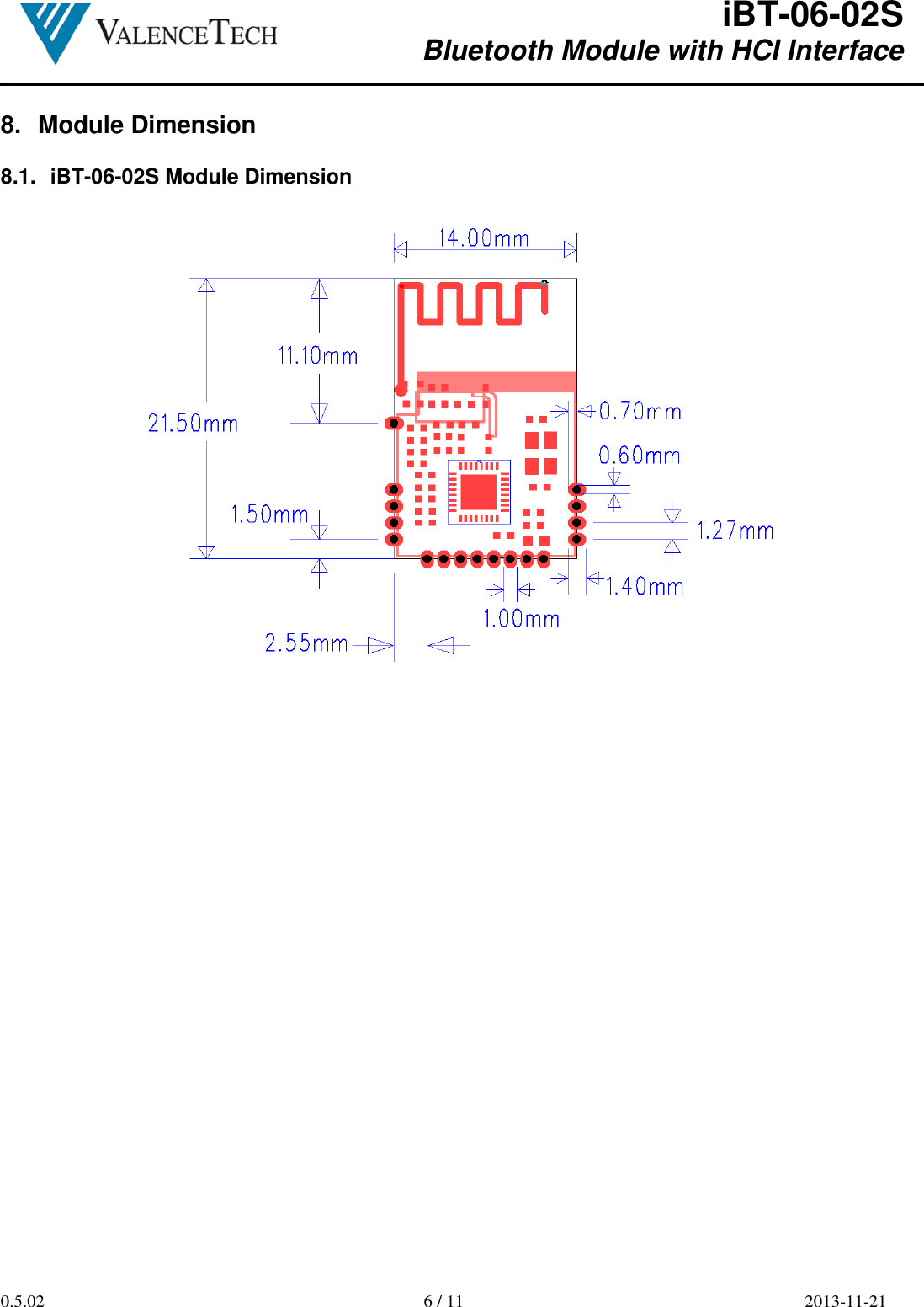  iBT-06-02S Bluetooth Module with HCI Interface        0.5.02  6 / 11  2013-11-21  8.  Module Dimension  8.1.  iBT-06-02S Module Dimension    