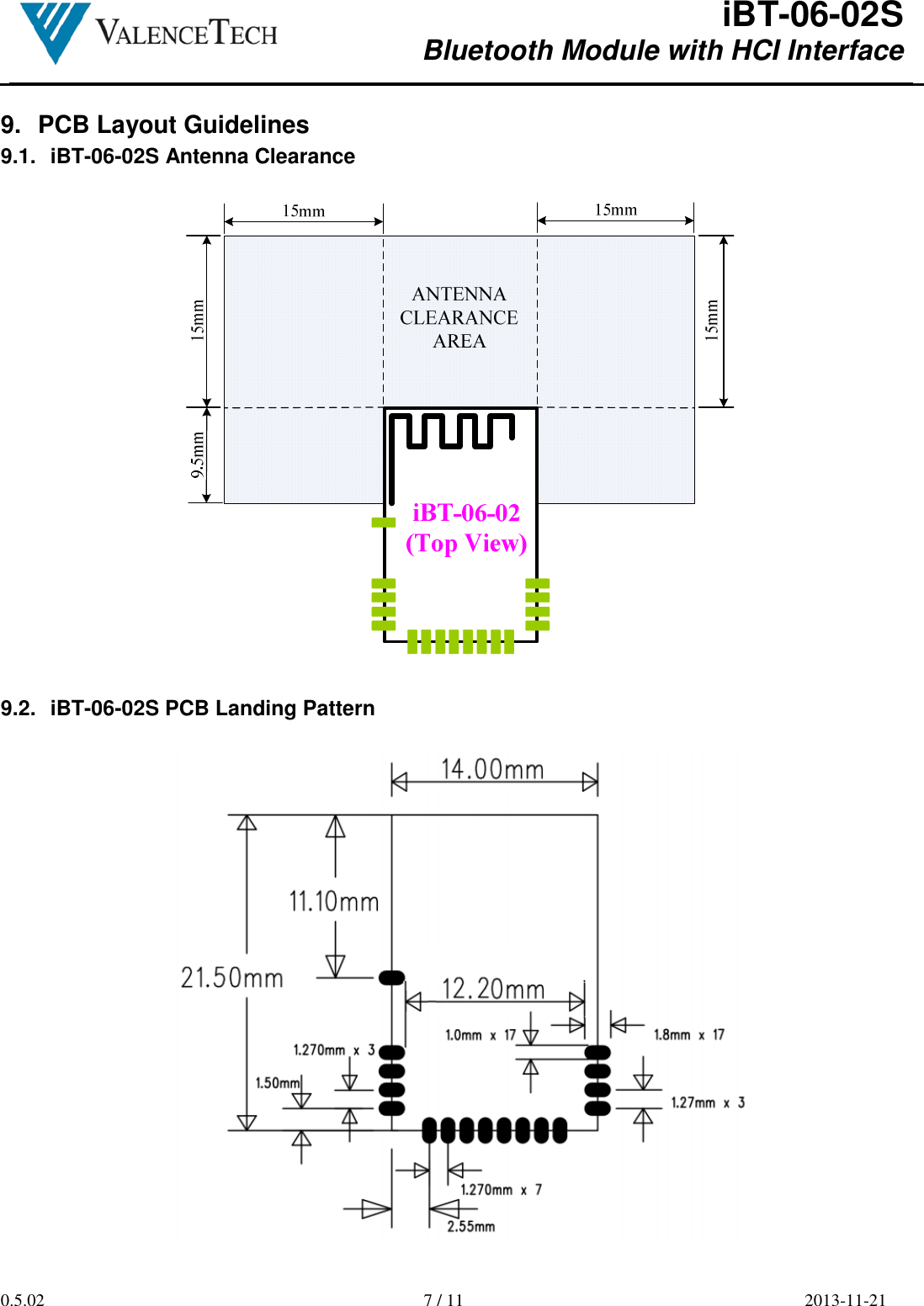  iBT-06-02S Bluetooth Module with HCI Interface        0.5.02  7 / 11  2013-11-21  9.  PCB Layout Guidelines 9.1.  iBT-06-02S Antenna Clearance     9.2.  iBT-06-02S PCB Landing Pattern   