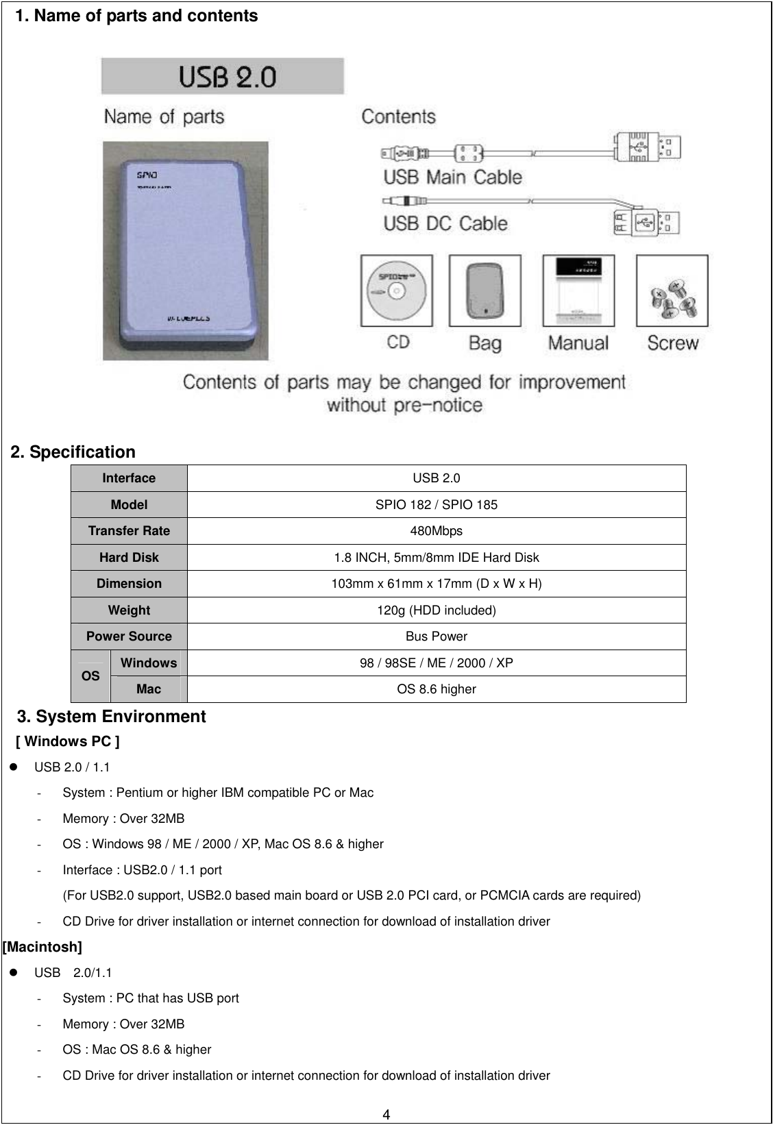  1. Name of parts and contents  2. Specification Interface  USB 2.0 Model  SPIO 182 / SPIO 185 Transfer Rate  480Mbps Hard Disk  1.8 INCH, 5mm/8mm IDE Hard Disk Dimension  103mm x 61mm x 17mm (D x W x H) Weight  120g (HDD included) Power Source  Bus Power Windows  98 / 98SE / ME / 2000 / XP OS  Mac  OS 8.6 higher 3. System Environment [ Windows PC ]   USB 2.0 / 1.1 -  System : Pentium or higher IBM compatible PC or Mac -  Memory : Over 32MB -  OS : Windows 98 / ME / 2000 / XP, Mac OS 8.6 &amp; higher -  Interface : USB2.0 / 1.1 port (For USB2.0 support, USB2.0 based main board or USB 2.0 PCI card, or PCMCIA cards are required) -  CD Drive for driver installation or internet connection for download of installation driver [Macintosh]   USB  2.0/1.1 -  System : PC that has USB port   -  Memory : Over 32MB -  OS : Mac OS 8.6 &amp; higher    4-  CD Drive for driver installation or internet connection for download of installation driver 