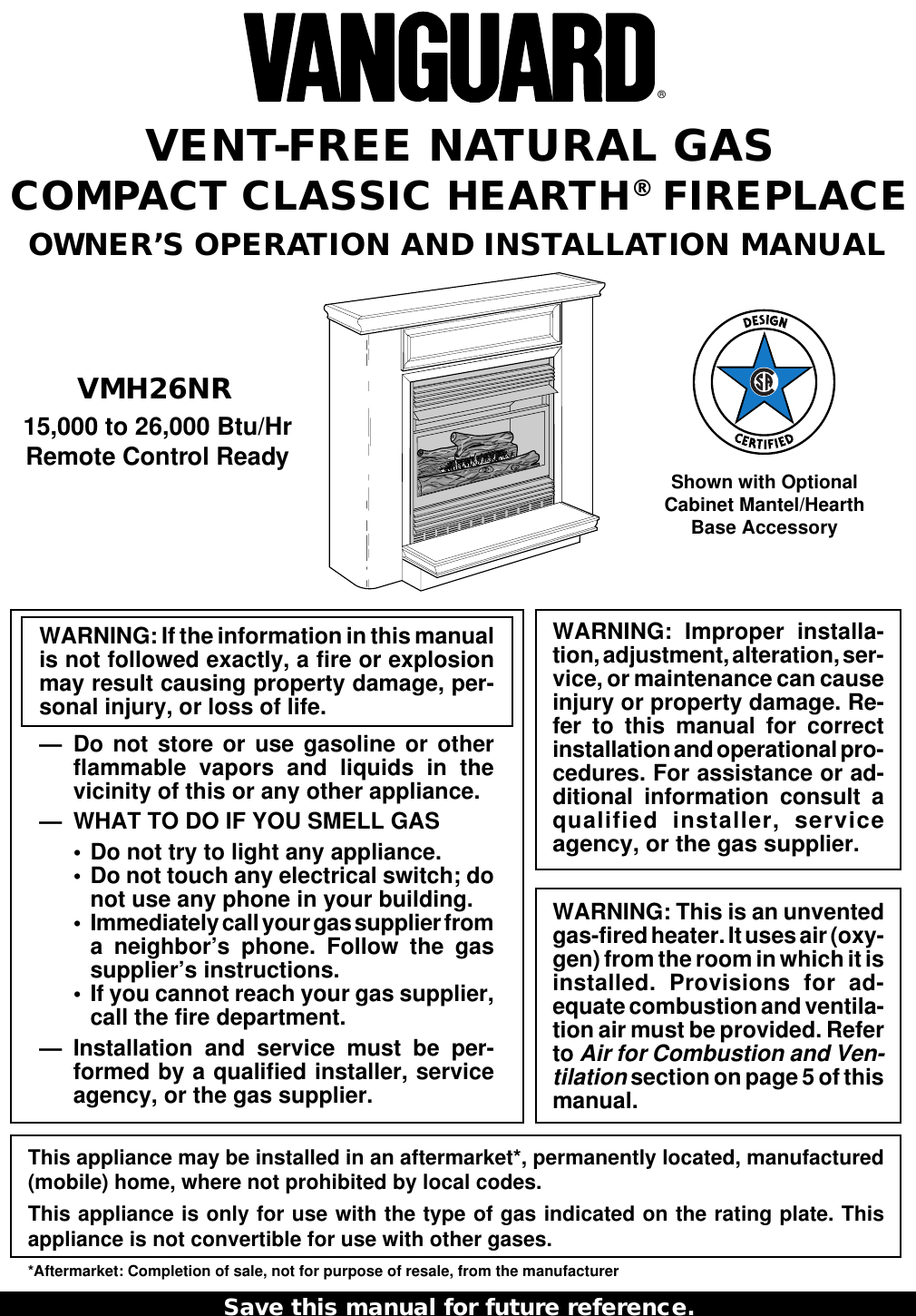 Vanguard Heating Vmh26Nr Users Manual
