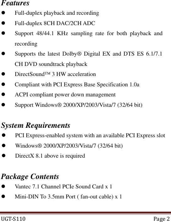 Page 2 of 8 - Vantec Vantec-7-1-Channel-Pcie-Sound-Card-Ugts110-Users-Manual- Volari V3 Graphics Accelerator  Vantec-7-1-channel-pcie-sound-card-ugts110-users-manual