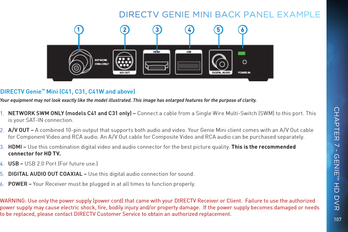10712 3 5 641.  NETWORK SWM ONLY (models C41 and C31 only) – Connect a cable from a Single Wire Multi-Switch (SWM) to this port. This is your SAT-IN connection.2.  A/V OUT – A combined 10-pin output that supports both audio and video. Your Genie Mini client comes with an A/V Out cable for Component Video and RCA audio. An A/V Out cable for Composite Video and RCA audio can be purchased separately.3.  HDMI – Use this combination digital video and audio connector for the best picture quality. This is the recommended connector for HD TV.4.  USB – USB 2.0 Port (For future use.)5.  DIGITAL AUDIO OUT COAXIAL – Use this digital audio connection for sound.6. POWER – Your Receiver must be plugged in at all times to function properly.WARNING: Use only the power supply (power cord) that came with your DIRECTV Receiver or Client.  Failure to use the authorized power supply may cause electric shock, ﬁre, bodily injury and/or property damage.  If the power supply becomes damaged or needs to be replaced, please contact DIRECTV Customer Service to obtain an authorized replacement.Your equipment may not look exactly like the model illustrated. This image has enlarged features for the purpose of clarity.DIRECTV Genie™ Mini (C41, C31, C41W and above)DIRECTV GENIE MINI BACK PANEL EXAMPLECHAPTER 7 - GENIE™ HD DVR