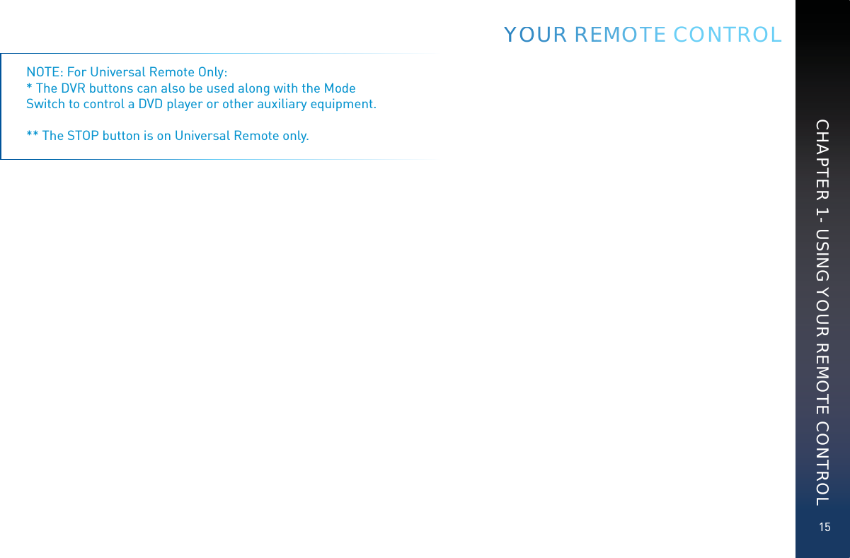 15CHAPTER 1 - USING YOUR REMOTE CONTROLNOTE: For Universal Remote Only:  * The DVR buttons can also be used along with the Mode Switch to control a DVD player or other auxiliary equipment.** The STOP button is on Universal Remote only. YYYOOUR REEMMOOOTTEE CONTROL
