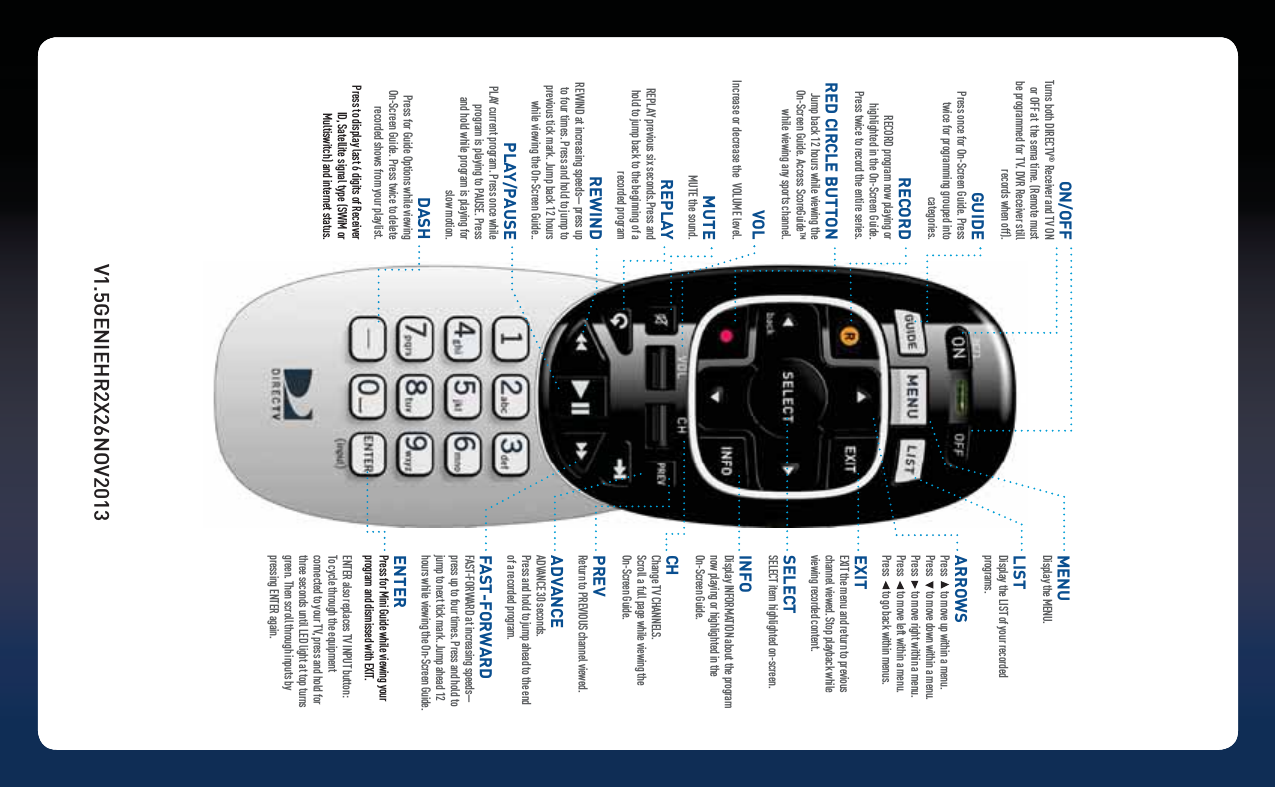 MENU Display the MENU.LIST  Display the LIST of your recorded programs.ARROWS Press       to move up within a menu. Press       to move down within a menu. Press       to move right within a menu. Press       to move left within a menu. Press       to go back within menus.EXIT EXIT the menu and return to previous channel viewed. Stop playback while viewing recorded content.SELECT SELECT item highlighted on-screen.INFO Display INFORMATION about the program now playing or highlighted in the On-Screen Guide.CH Change TV CHANNELS. Scroll a full page while viewing the On-Screen Guide.PREV Return to PREVIOUS channel viewed.ADVANCE ADVANCE 30 seconds. Press and hold to jump ahead to the end of a recorded program.FAST-FORWARD FAST-FORWARD at increasing speeds—press up to four times. Press and hold to jump to next tick mark. Jump ahead 12 hours while viewing the On-Screen Guide.ENTER Press for Mini Guide while viewing your program and dismissed with EXIT.ENTER also replaces TV INPUT button:  To cycle through the equipment connected to your TV, press and hold for three seconds until LED light at top turns green. Then scroll through inputs by pressing ENTER again.ON/OFF Turns both DIRECTV® Receiver and TV ON or OFF at  the sema time. (Remote must be programmed for TV. DVR Receiver still records when off).GUIDE Press once for On-Screen Guide. Press twice for programming grouped into categories.RECORD  RECORD program now playing or highlighted in the On-Screen Guide.  Press twice to record the entire series.RED CIRCLE BUTTON Jump back 12 hours while viewing the On-Screen Guide. Access ScoreGuide™ while viewing any sports channel.VOL Increase or decrease the  VOLUME level.MUTE MUTE the sound.REPLAY REPLAY previous six seconds.Press and hold to jump back to the beginning of a recorded programREWIND REWIND at increasing speeds— press up to four times. Press and hold to jump to previous tick mark. Jump back 12 hours while viewing the On-Screen Guide..PLAY/PAUSE PLAY current program. Press once while program is playing to PAUSE. Press and hold while program is playing for slow motion.DASH Press for Guide Options while viewing On-Screen Guide. Press twice to delete recorded shows from your playlist.Press to display last 6 digits of Receiver ID, Satellite signal type (SWiM or Multiswitch) and internet status.V1.5GENIEHR2X26NOV2013