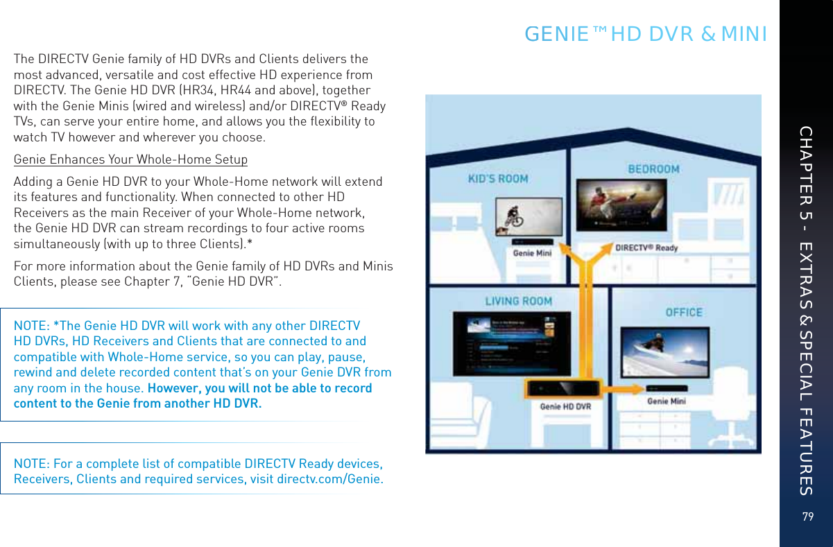 79GGGENNIE™ HD DVR &amp; MINICHAPTER 5 -  EXTRAS &amp; SPECIAL FEATURESThe DIRECTV Genie family of HD DVRs and Clients delivers the most advanced, versatile and cost effective HD experience from DIRECTV. The Genie HD DVR (HR34, HR44 and above), together with the Genie Minis (wired and wireless) and/or DIRECTV® Ready TVs, can serve your entire home, and allows you the ﬂexibility to watch TV however and wherever you choose.Genie Enhances Your Whole-Home SetupAdding a Genie HD DVR to your Whole-Home network will extend its features and functionality. When connected to other HD Receivers as the main Receiver of your Whole-Home network, the Genie HD DVR can stream recordings to four active rooms simultaneously (with up to three Clients).*For more information about the Genie family of HD DVRs and Minis Clients, please see Chapter 7, “Genie HD DVR”.NOTE: *The Genie HD DVR will work with any other DIRECTV HD DVRs, HD Receivers and Clients that are connected to and compatible with Whole-Home service, so you can play, pause, rewind and delete recorded content that’s on your Genie DVR from any room in the house. However, you will not be able to record content to the Genie from another HD DVR. NOTE: For a complete list of compatible DIRECTV Ready devices, Receivers, Clients and required services, visit directv.com/Genie.
