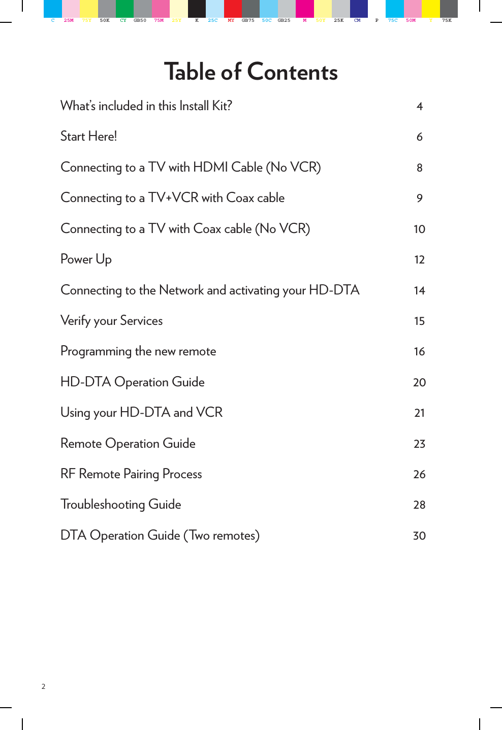 2Table of ContentsWhat’s included in this Install Kit?  4Start Here!  6Connecting to a TV with HDMI Cable (No VCR)  8Connecting to a TV+VCR with Coax cable  9Connecting to a TV with Coax cable (No VCR)  10Power Up  12Connecting to the Network and activating your HD-DTA  14Verify your Services  15Programming the new remote  16HD-DTA Operation Guide  20Using your HD-DTA and VCR  21Remote Operation Guide  23RF Remote Pairing Process  26Troubleshooting Guide  28DTA Operation Guide (Two remotes)  30C25M 75Y 50K CY GB50 75M 25Y K25C MY GB75 50C GB25 M50Y 25K CM P75C 50M Y75K
