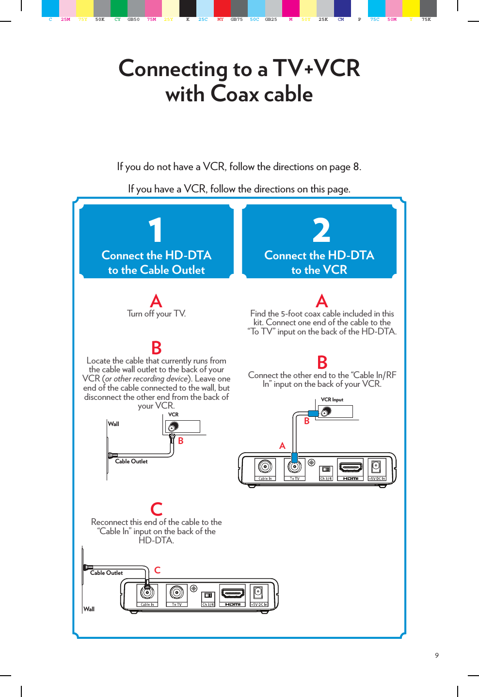 9If you do not have a VCR, follow the directions on page 8. If you have a VCR, follow the directions on this page. Connecting to a TV+VCR with Coax cableAFind the 5-foot coax cable included in this kit. Connect one end of the cable to the “To TV” input on the back of the HD-DTA.BConnect the other end to the “Cable In/RF In” input on the back of your VCR.   ATurn o your TV.BLocate the cable that currently runs from the cable wall outlet to the back of your VCR (or other recording device). Leave one end of the cable connected to the wall, but disconnect the other end from the back of your VCR.CReconnect this end of the cable to the “Cable In” input on the back of the  HD-DTA.  Cable OutletWallBVCRConnect the HD-DTAto the Cable OutletConnect the HD-DTAto the VCR1 2WallCable Outlet CABVCR InputC25M 75Y 50K CY GB50 75M 25Y K25C MY GB75 50C GB25 M50Y 25K CM P75C 50M Y75K