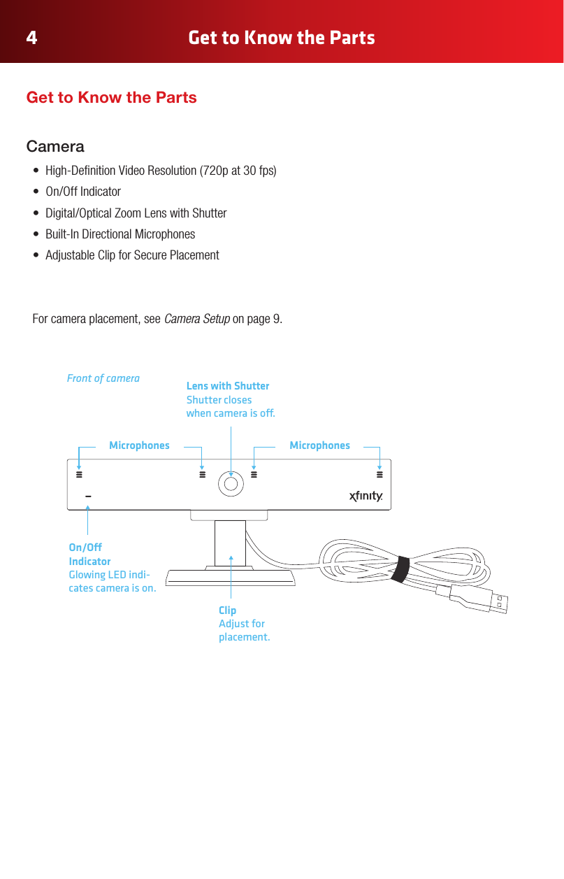 Get to Know the Parts4Camera• High-DenitionVideoResolution(720pat30fps)• On/OffIndicator• Digital/OpticalZoomLenswithShutter• Built-InDirectionalMicrophones• AdjustableClipforSecurePlacementFor camera placement, see Camera Setup on page 9.On/O IndicatorGlowing LED indi-cates camera is on.Lens with ShutterShutter closes when camera is o.ClipAdjust forplacement.Front of cameraMicrophones MicrophonesGet to Know the Parts