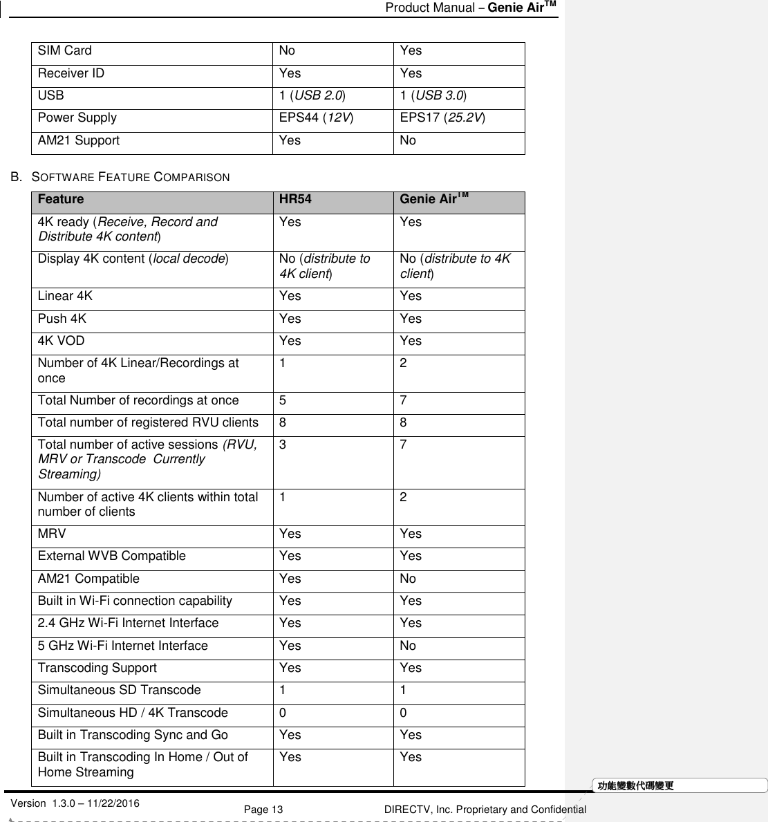   Product Manual – Genie AirTM   Version  1.3.0 – 11/22/2016    Page 13 DIRECTV, Inc. Proprietary and Confidential  功功功功能變能變能變能變數代數代數代數代碼變碼變碼變碼變更更更更SIM Card   No  Yes Receiver ID  Yes  Yes  USB  1 (USB 2.0)  1 (USB 3.0) Power Supply  EPS44 (12V)  EPS17 (25.2V) AM21 Support  Yes  No  B.  SOFTWARE FEATURE COMPARISON Feature HR54 Genie AirTM 4K ready (Receive, Record and Distribute 4K content)  Yes  Yes Display 4K content (local decode)  No (distribute to 4K client)  No (distribute to 4K client) Linear 4K   Yes  Yes Push 4K  Yes  Yes 4K VOD  Yes  Yes Number of 4K Linear/Recordings at once  1  2 Total Number of recordings at once  5  7 Total number of registered RVU clients  8  8 Total number of active sessions (RVU, MRV or Transcode  Currently Streaming) 3  7 Number of active 4K clients within total number of clients  1  2  MRV  Yes  Yes External WVB Compatible   Yes  Yes AM21 Compatible  Yes  No Built in Wi-Fi connection capability  Yes  Yes 2.4 GHz Wi-Fi Internet Interface  Yes  Yes 5 GHz Wi-Fi Internet Interface  Yes  No  Transcoding Support   Yes   Yes Simultaneous SD Transcode   1  1 Simultaneous HD / 4K Transcode  0  0 Built in Transcoding Sync and Go   Yes  Yes Built in Transcoding In Home / Out of Home Streaming  Yes  Yes 