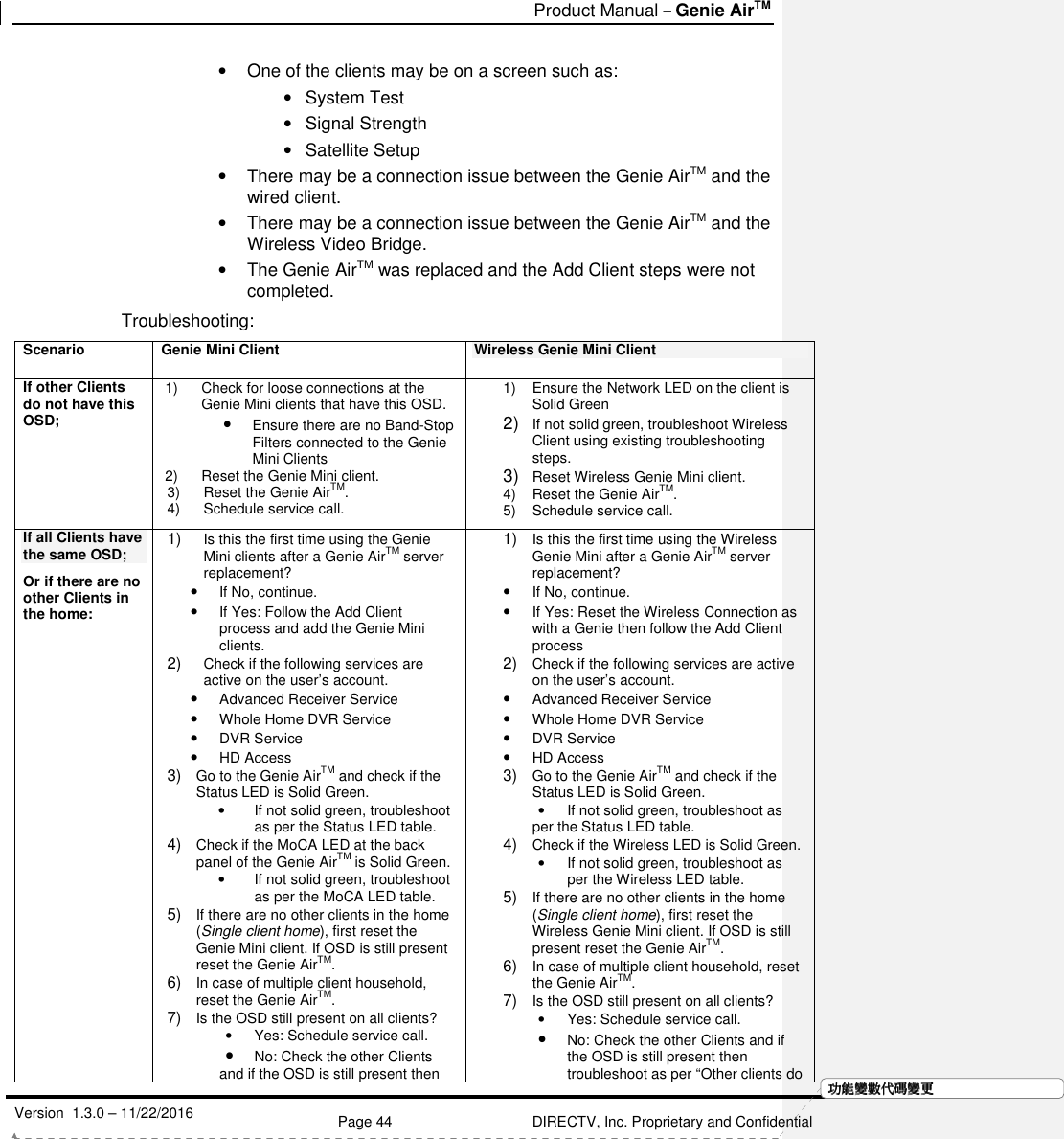   Product Manual – Genie AirTM   Version  1.3.0 – 11/22/2016    Page 44 DIRECTV, Inc. Proprietary and Confidential  功功功功能變能變能變能變數代數代數代數代碼變碼變碼變碼變更更更更•  One of the clients may be on a screen such as: •  System Test •  Signal Strength •  Satellite Setup •  There may be a connection issue between the Genie AirTM and the wired client. •  There may be a connection issue between the Genie AirTM and the Wireless Video Bridge. •  The Genie AirTM was replaced and the Add Client steps were not completed. Troubleshooting: Scenario Genie Mini Client Wireless Genie Mini Client If other Clients do not have this OSD; 1)  Check for loose connections at the Genie Mini clients that have this OSD. • Ensure there are no Band-Stop Filters connected to the Genie Mini Clients 2)  Reset the Genie Mini client. 3)  Reset the Genie AirTM. 4)  Schedule service call. 1)  Ensure the Network LED on the client is Solid Green 2)  If not solid green, troubleshoot Wireless Client using existing troubleshooting steps. 3)  Reset Wireless Genie Mini client. 4)  Reset the Genie AirTM. 5)  Schedule service call. If all Clients have the same OSD; Or if there are no other Clients in the home: 1) Is this the first time using the Genie Mini clients after a Genie AirTM server replacement? • If No, continue. • If Yes: Follow the Add Client process and add the Genie Mini clients. 2) Check if the following services are active on the user’s account. • Advanced Receiver Service • Whole Home DVR Service • DVR Service • HD Access 3) Go to the Genie AirTM and check if the Status LED is Solid Green. •  If not solid green, troubleshoot as per the Status LED table. 4) Check if the MoCA LED at the back panel of the Genie AirTM is Solid Green.  •  If not solid green, troubleshoot as per the MoCA LED table. 5) If there are no other clients in the home (Single client home), first reset the Genie Mini client. If OSD is still present reset the Genie AirTM. 6) In case of multiple client household, reset the Genie AirTM. 7) Is the OSD still present on all clients? •  Yes: Schedule service call. • No: Check the other Clients and if the OSD is still present then 1) Is this the first time using the Wireless Genie Mini after a Genie AirTM server replacement? • If No, continue. • If Yes: Reset the Wireless Connection as with a Genie then follow the Add Client process 2) Check if the following services are active on the user’s account. • Advanced Receiver Service • Whole Home DVR Service • DVR Service • HD Access 3) Go to the Genie AirTM and check if the Status LED is Solid Green. •  If not solid green, troubleshoot as per the Status LED table. 4) Check if the Wireless LED is Solid Green.  •  If not solid green, troubleshoot as per the Wireless LED table. 5) If there are no other clients in the home (Single client home), first reset the Wireless Genie Mini client. If OSD is still present reset the Genie AirTM. 6) In case of multiple client household, reset the Genie AirTM. 7) Is the OSD still present on all clients? •  Yes: Schedule service call. • No: Check the other Clients and if the OSD is still present then troubleshoot as per “Other clients do 