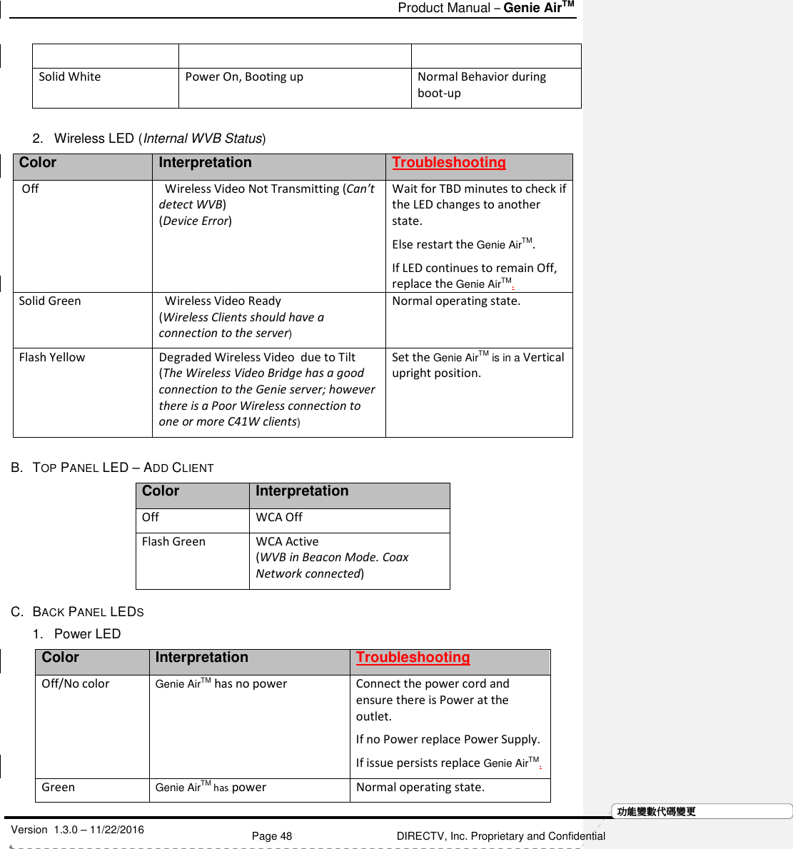   Product Manual – Genie AirTM   Version  1.3.0 – 11/22/2016    Page 48 DIRECTV, Inc. Proprietary and Confidential  功功功功能變能變能變能變數代數代數代數代碼變碼變碼變碼變更更更更     Solid White Power On, Booting up  Normal Behavior during boot-up  2.  Wireless LED (Internal WVB Status) Color Interpretation Troubleshooting  Off   Wireless Video Not Transmitting (Can’t detect WVB) (Device Error) Wait for TBD minutes to check if the LED changes to another state.  Else restart the Genie AirTM.  If LED continues to remain Off, replace the Genie AirTM. Solid Green    Wireless Video Ready (Wireless Clients should have a connection to the server) Normal operating state. Flash Yellow  Degraded Wireless Video  due to Tilt  (The Wireless Video Bridge has a good connection to the Genie server; however there is a Poor Wireless connection to one or more C41W clients) Set the Genie AirTM is in a Vertical upright position.   B.  TOP PANEL LED – ADD CLIENT Color Interpretation Off WCA Off Flash Green  WCA Active (WVB in Beacon Mode. Coax Network connected) C.  BACK PANEL LEDS 1.  Power LED Color Interpretation Troubleshooting Off/No color Genie AirTM has no power  Connect the power cord and ensure there is Power at the outlet.  If no Power replace Power Supply.  If issue persists replace Genie AirTM. Green  Genie AirTM has power  Normal operating state. 