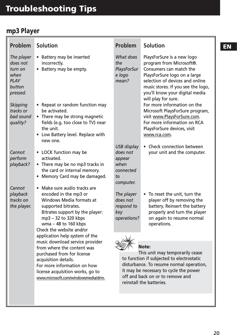 EN20Troubleshooting TipsSolution•  Battery may be inserted incorrectly.•  Battery may be empty.•  Repeat or random function may be activated.•  There may be strong magnetic fields (e.g. too close to TV) near the unit.•  Low Battery level. Replace with new one.•  LOCK function may be activated.•  There may be no mp3 tracks in the card or internal memory.•  Memory Card may be damaged.•Make sure audio tracks are encoded in the mp3 or Windows Media formats at supported bitrates.Bitrates support by the player:mp3 – 32 to 320 kbpswma – 48 to 160 kbpsCheck the website and/orapplication help system of themusic download service providerfrom where the content waspurchased from for licenseacquisition details.  For more information on howlicense acquisition works, go towww.microsoft.com/windowsmedia/drm.ProblemThe playerdoes notturn onwhenPLAYbuttonpressed.Skippingtracks orbad soundquality?Cannotperformplayback?Cannotplaybacktracks onthe player.ProblemWhat doesthePlaysForSure logomean?USB displaydoes notappearwhenconnectedtocomputer.The playerdoes notrespond tokeyoperations?SolutionPlaysForSure is a new logoprogram from Microsoft®.Consumers can match thePlaysForSure logo on a largeselection of devices and onlinemusic stores. If you see the logo,you’ll know your digital mediawill play for sure.For more information on theMicrosoft PlaysForSure program,visit www.PlaysForSure.com.For more information on RCAPlaysForSure devices, visitwww.rca.com. •  Check connection between your unit and the computer. •  To reset the unit, turn the player off by removing the battery. Reinsert the battery properly and turn the player on again to resume normal operations.Note:This unit may temporarily ceaseto function if subjected to electrostaticdisturbance. To resume normal operation,it may be necessary to cycle the poweroff and back on or to remove andreinstall the batteries.mp3 Player