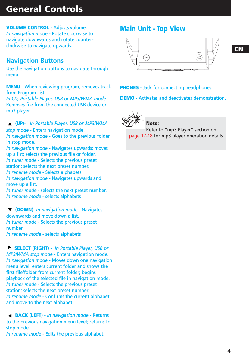 ENGeneral Controls4VOLUME CONTROL - Adjusts volume.In navigation mode - Rotate clockwise tonavigate downwards and rotate counter-clockwise to navigate upwards.Navigation ButtonsUse the navigation buttons to navigate throughmenu.MENU - When reviewing program, removes trackfrom Program List.In CD, Portable Player, USB or MP3/WMA mode -Removes file from the connected USB device ormp3 player.(UP)-   In Portable Player, USB or MP3/WMAstop mode - Enters navigation mode.In navigation mode - Goes to the previous folderin stop mode.In navigation mode - Navigates upwards; movesup a list; selects the previous file or folder.In tuner mode - Selects the previous presetstation; selects the next preset number.In rename mode - Selects alphabets.In navigation mode - Navigates upwards andmove up a list.In tuner mode - selects the next preset number.In rename mode - selects alphabets(DOWN)- In navigation mode - Navigatesdownwards and move down a list.In tuner mode - Selects the previous presetnumber.In rename mode - selects alphabetsSELECT (RIGHT)-  In Portable Player, USB orMP3/WMA stop mode - Enters navigation mode.In navigation mode - Moves down one navigationmenu level; enters current folder and shows thefirst file/folder from current folder; beginsplayback of the selected file in navigation mode.In tuner mode - Selects the previous presetstation; selects the next preset number.In rename mode - Confirms the current alphabetand move to the next alphabet.BACK (LEFT)- In navigation mode - Returnsto the previous navigation menu level; returns tostop mode.In rename mode - Edits the previous alphabet.Main Unit - Top ViewPHONES - Jack for connecting headphones.DEMO - Activates and deactivates demonstration.Note:Refer to “mp3 Player” section onpage 17-18 for mp3 player operation details.