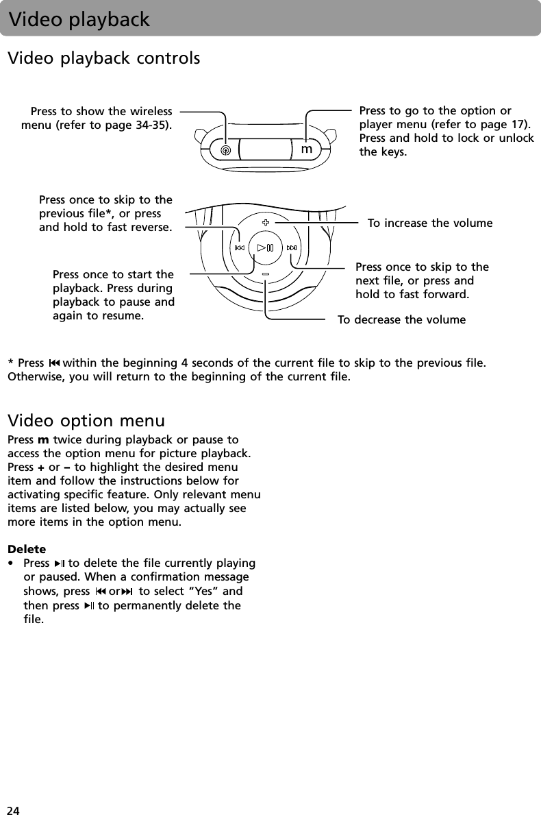 24Video playbackVideo playback controlsTo  decrease the volumeTo  increase the volumePress once to skip to thenext file, or press andhold to fast forward.Press once to skip to theprevious file*, or pressand hold to fast reverse.Press once to start theplayback. Press duringplayback to pause andagain to resume.Press to go to the option orplayer menu (refer to page 17).Press and hold to lock or unlockthe keys.Press to show the wirelessmenu (refer to page 34-35).* Press  within the beginning 4 seconds of the current file to skip to the previous file.Otherwise, you will return to the beginning of the current file.Video option menuPress m twice during playback or pause toaccess the option menu for picture playback.Press + or – to highlight the desired menuitem and follow the instructions below foractivating specific feature. Only relevant menuitems are listed below, you may actually seemore items in the option menu.Delete• Press  to delete the file currently playingor paused. When a confirmation messageshows, press  or  to select “Yes” andthen press  to permanently delete thefile.