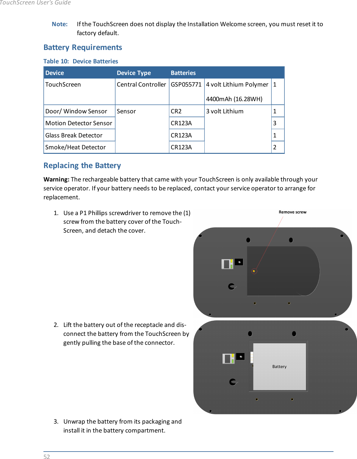 52Note: If the TouchScreen does not display the Installation Welcome screen, you must reset it tofactory default.Battery RequirementsTable 10: Device BatteriesDevice Device Type BatteriesTouchScreen Central Controller GSP055771 4 volt Lithium Polymer4400mAh (16.28WH)1Door/ Window Sensor Sensor CR2 3 volt Lithium 1Motion Detector Sensor CR123A 3Glass Break Detector CR123A 1Smoke/Heat Detector CR123A 2Replacing the BatteryWarning: The rechargeable battery that came with your TouchScreen is only available through yourservice operator. If your battery needs to be replaced, contact your service operator to arrange forreplacement.1. Use a P1 Phillips screwdriver to remove the (1)screw from the battery cover of the Touch-Screen, and detach the cover.2. Lift the battery out of the receptacle and dis-connect the battery from the TouchScreen bygently pulling the base of the connector.3. Unwrap the battery from its packaging andinstall it in the battery compartment.TouchScreen User&apos;s Guide