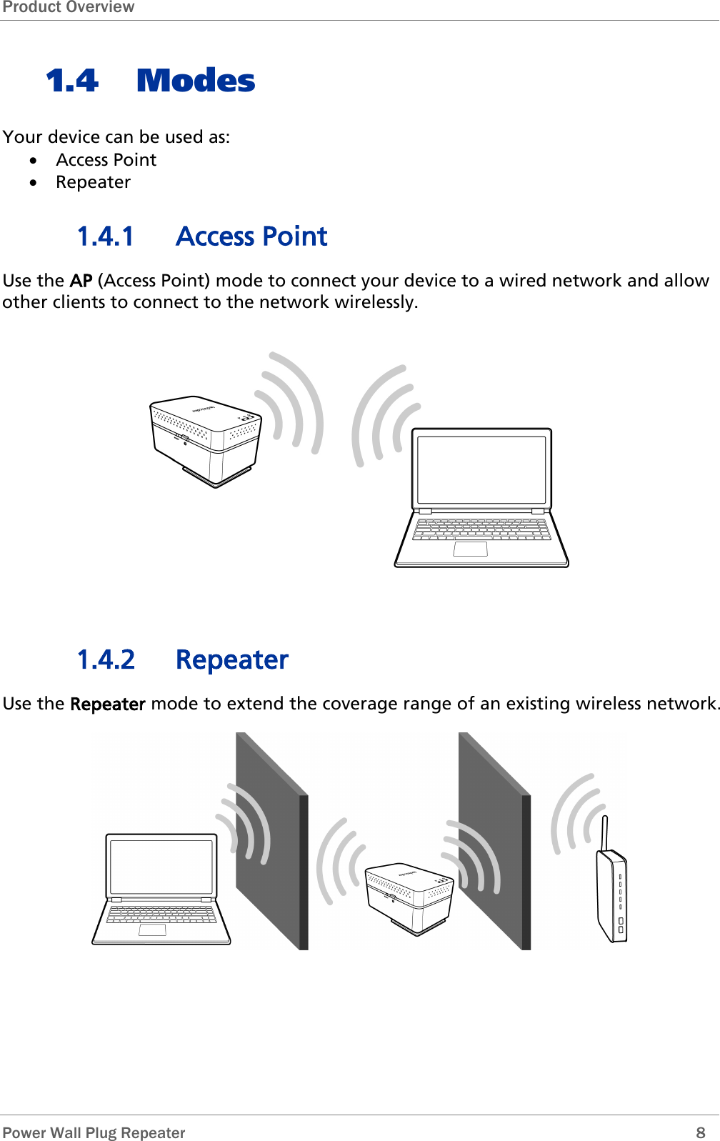 Product Overview  Power Wall Plug Repeater        8 1.4 Modes Your device can be used as: • Access Point • Repeater 1.4.1 Access Point Use the AP (Access Point) mode to connect your device to a wired network and allow other clients to connect to the network wirelessly.    1.4.2 Repeater Use the Repeater mode to extend the coverage range of an existing wireless network.  