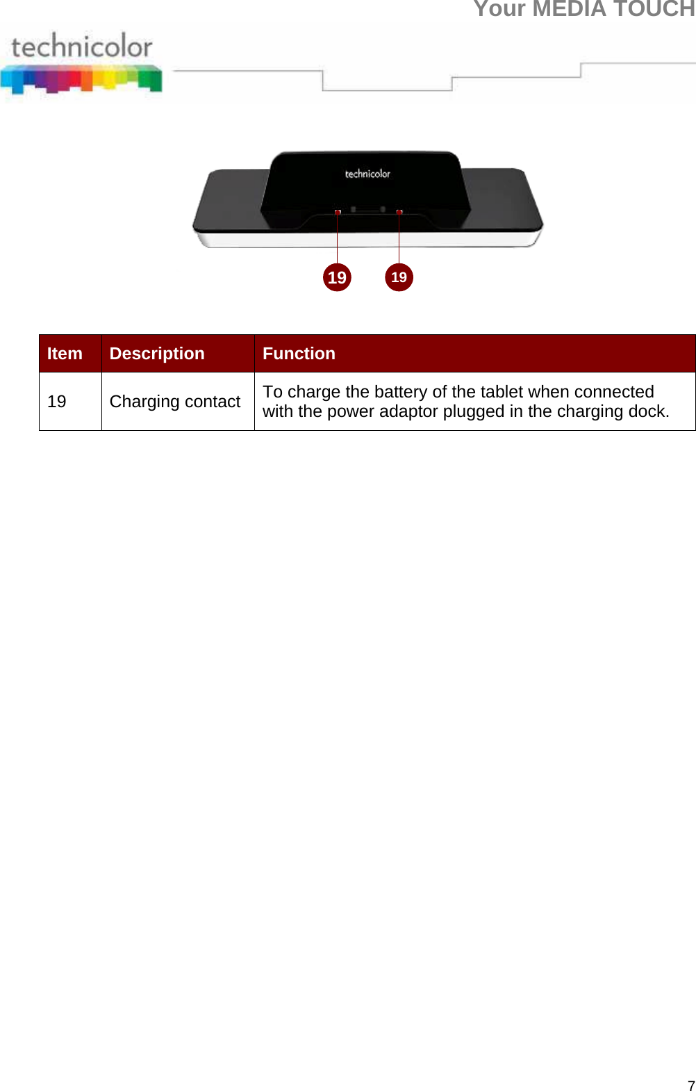 Your MEDIA TOUCH 7  Item  Description  Function 19 Charging contact To charge the battery of the tablet when connected with the power adaptor plugged in the charging dock. 19 19