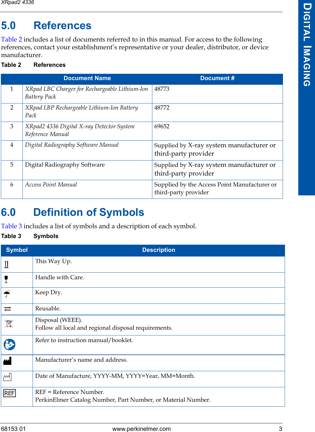 68153 01 www.perkinelmer.com 3XRpad2 4336DIGITAL IMAGING5.0 ReferencesTable 2 includes a list of documents referred to in this manual. For access to the following references, contact your establishment’s representative or your dealer, distributor, or device manufacturer. 6.0 Definition of SymbolsTable 3 includes a list of symbols and a description of each symbol.Table 2 ReferencesDocument Name Document #1XRpad LBC Charger for Rechargeable Lithium-Ion Battery Pack487732XRpad LBP Rechargeable Lithium-Ion Battery Pack487723XRpad2 4336 Digital X-ray Detector System Reference Manual696524Digital Radiography Software Manual Supplied by X-ray system manufacturer or third-party provider5 Digital Radiography Software Supplied by X-ray system manufacturer or third-party provider6Access Point Manual Supplied by the Access Point Manufacturer or third-party providerTable 3 SymbolsSymbol DescriptionThis Way Up.Handle with Care.pKeep Dry.Reusable.Disposal (WEEE).Follow all local and regional disposal requirements.Refer to instruction manual/booklet.MManufacturer‘s name and address.NDate of Manufacture, YYYY-MM, YYYY=Year, MM=Month.hREF = Reference Number.PerkinElmer Catalog Number, Part Number, or Material Number.