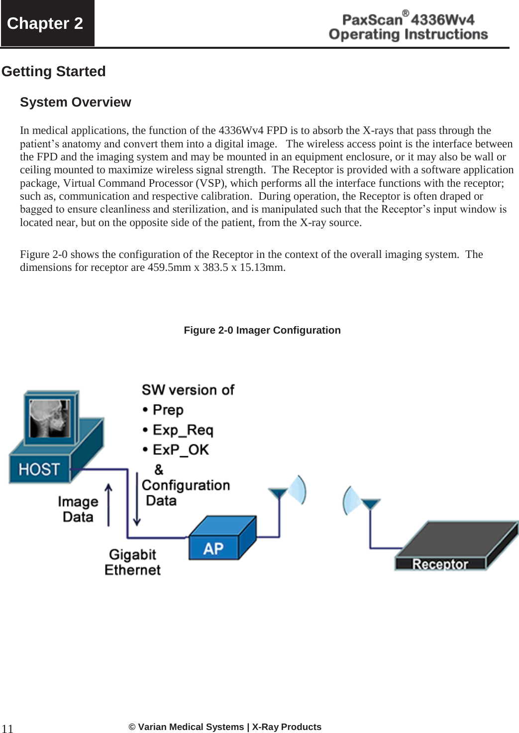  Chapter 2     © Varian Medical Systems | X-Ray Products 11Getting Started  System Overview  In medical applications, the function of the 4336Wv4 FPD is to absorb the X-rays that pass through the patient’s anatomy and convert them into a digital image.   The wireless access point is the interface between the FPD and the imaging system and may be mounted in an equipment enclosure, or it may also be wall or ceiling mounted to maximize wireless signal strength.  The Receptor is provided with a software application package, Virtual Command Processor (VSP), which performs all the interface functions with the receptor; such as, communication and respective calibration.  During operation, the Receptor is often draped or bagged to ensure cleanliness and sterilization, and is manipulated such that the Receptor’s input window is located near, but on the opposite side of the patient, from the X-ray source. Figure 2-0 shows the configuration of the Receptor in the context of the overall imaging system.  The dimensions for receptor are 459.5mm x 383.5 x 15.13mm.   Figure 2-0 Imager Configuration             