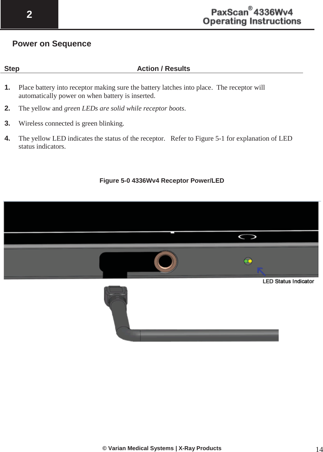  2   © Varian Medical Systems | X-Ray Products 14 Power on Sequence   Step Action / Results  1. Place battery into receptor making sure the battery latches into place.  The receptor will automatically power on when battery is inserted. 2. The yellow and green LEDs are solid while receptor boots. 3. Wireless connected is green blinking. 4. The yellow LED indicates the status of the receptor.   Refer to Figure 5-1 for explanation of LED status indicators.     Figure 5-0 4336Wv4 Receptor Power/LED             