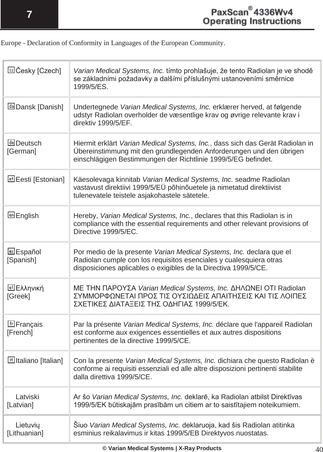 7  © Varian Medical Systems | X-Ray Products 40 Europe - Declaration of Conformity in Languages of the European Community. Česky [Czech] Varian Medical Systems, Inc. tímto prohlašuje, že tento Radiolan je ve shodě se základními požadavky a dalšími příslušnými ustanoveními směrnice 1999/5/ES. Dansk [Danish] Undertegnede Varian Medical Systems, Inc. erklærer herved, at følgende udstyr Radiolan overholder de væsentlige krav og øvrige relevante krav i direktiv 1999/5/EF. Deutsch [German] Hiermit erklärt Varian Medical Systems, Inc., dass sich das Gerät Radiolan in Übereinstimmung mit den grundlegenden Anforderungen und den übrigen einschlägigen Bestimmungen der Richtlinie 1999/5/EG befindet. Eesti [Estonian] Käesolevaga kinnitab Varian Medical Systems, Inc. seadme Radiolan vastavust direktiivi 1999/5/EÜ põhinõuetele ja nimetatud direktiivist tulenevatele teistele asjakohastele sätetele. English Hereby, Varian Medical Systems, Inc., declares that this Radiolan is in compliance with the essential requirements and other relevant provisions of Directive 1999/5/EC. Español [Spanish] Por medio de la presente Varian Medical Systems, Inc. declara que el Radiolan cumple con los requisitos esenciales y cualesquiera otras disposiciones aplicables o exigibles de la Directiva 1999/5/CE. Ελληνική [Greek] ΜΕ ΤΗΝ ΠΑΡΟΥΣΑ Varian Medical Systems, Inc. ΔΗΛΩΝΕΙ ΟΤΙ Radiolan ΣΥΜΜΟΡΦΩΝΕΤΑΙ ΠΡΟΣ ΤΙΣ ΟΥΣΙΩΔΕΙΣ ΑΠΑΙΤΗΣΕΙΣ ΚΑΙ ΤΙΣ ΛΟΙΠΕΣ ΣΧΕΤΙΚΕΣ ΔΙΑΤΑΞΕΙΣ ΤΗΣ ΟΔΗΓΙΑΣ 1999/5/ΕΚ. Français [French] Par la présente Varian Medical Systems, Inc. déclare que l&apos;appareil Radiolan est conforme aux exigences essentielles et aux autres dispositions pertinentes de la directive 1999/5/CE. Italiano [Italian] Con la presente Varian Medical Systems, Inc. dichiara che questo Radiolan è conforme ai requisiti essenziali ed alle altre disposizioni pertinenti stabilite dalla direttiva 1999/5/CE. Latviski [Latvian] Ar šo Varian Medical Systems, Inc. deklarē, ka Radiolan atbilst Direktīvas 1999/5/EK būtiskajām prasībām un citiem ar to saistītajiem noteikumiem. Lietuvių [Lithuanian]  Šiuo Varian Medical Systems, Inc. deklaruoja, kad šis Radiolan atitinka esminius reikalavimus ir kitas 1999/5/EB Direktyvos nuostatas. 