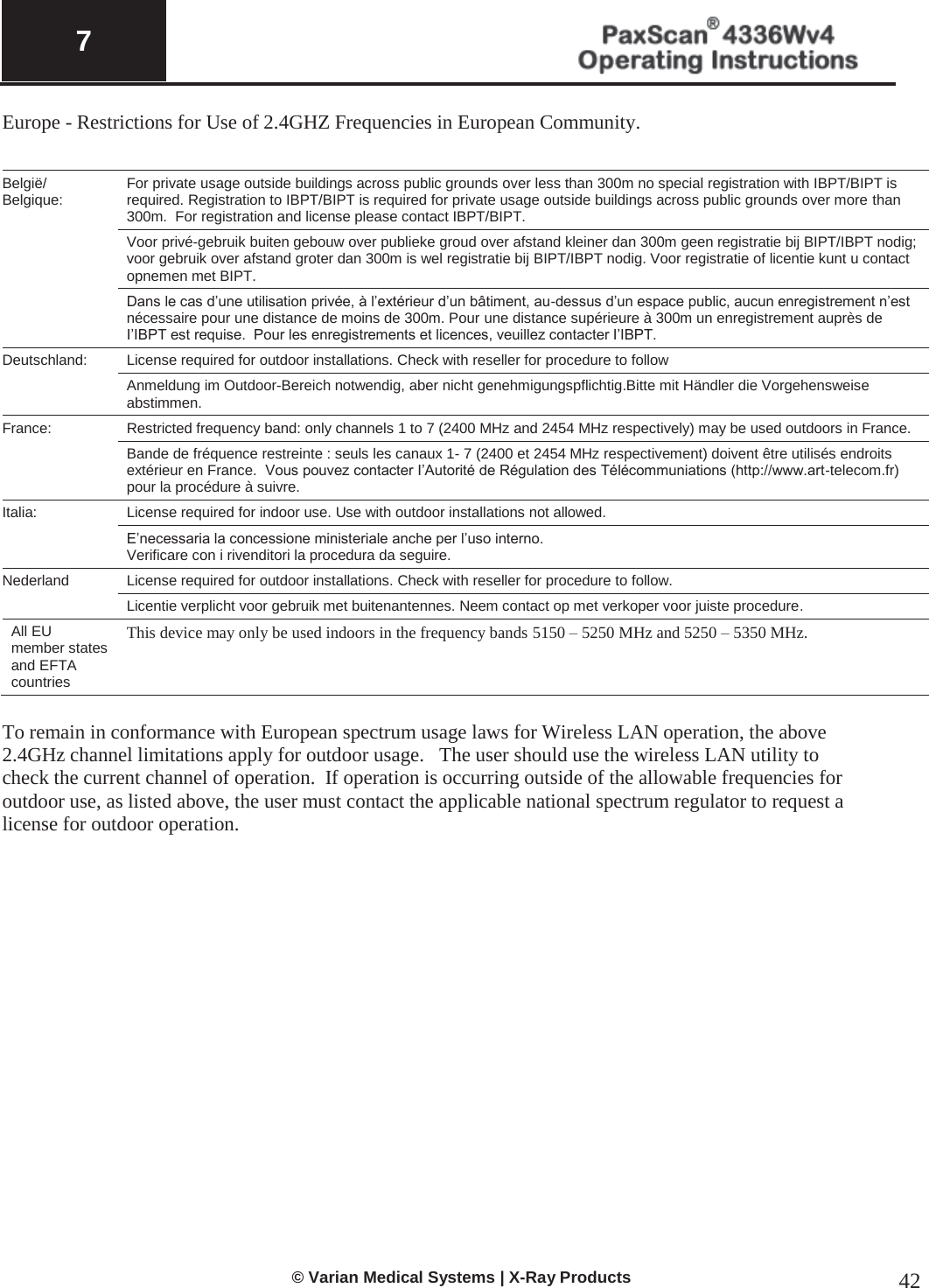  7   © Varian Medical Systems | X-Ray Products 42 Europe - Restrictions for Use of 2.4GHZ Frequencies in European Community.  België/ Belgique: For private usage outside buildings across public grounds over less than 300m no special registration with IBPT/BIPT is required. Registration to IBPT/BIPT is required for private usage outside buildings across public grounds over more than 300m.  For registration and license please contact IBPT/BIPT. Voor privé-gebruik buiten gebouw over publieke groud over afstand kleiner dan 300m geen registratie bij BIPT/IBPT nodig; voor gebruik over afstand groter dan 300m is wel registratie bij BIPT/IBPT nodig. Voor registratie of licentie kunt u contact opnemen met BIPT. Dans le cas d’une utilisation privée, à l’extérieur d’un bâtiment, au-dessus d’un espace public, aucun enregistrement n’est nécessaire pour une distance de moins de 300m. Pour une distance supérieure à 300m un enregistrement auprès de I’IBPT est requise.  Pour les enregistrements et licences, veuillez contacter I’IBPT. Deutschland: License required for outdoor installations. Check with reseller for procedure to follow Anmeldung im Outdoor-Bereich notwendig, aber nicht genehmigungspflichtig.Bitte mit Händler die Vorgehensweise abstimmen. France: Restricted frequency band: only channels 1 to 7 (2400 MHz and 2454 MHz respectively) may be used outdoors in France.  Bande de fréquence restreinte : seuls les canaux 1- 7 (2400 et 2454 MHz respectivement) doivent être utilisés endroits extérieur en France.  Vous pouvez contacter I’Autorité de Régulation des Télécommuniations (http://www.art-telecom.fr) pour la procédure à suivre. Italia: License required for indoor use. Use with outdoor installations not allowed. E’necessaria la concessione ministeriale anche per l’uso interno. Verificare con i rivenditori la procedura da seguire. Nederland License required for outdoor installations. Check with reseller for procedure to follow. Licentie verplicht voor gebruik met buitenantennes. Neem contact op met verkoper voor juiste procedure. All EU member states and EFTA countries This device may only be used indoors in the frequency bands 5150 – 5250 MHz and 5250 – 5350 MHz.  To remain in conformance with European spectrum usage laws for Wireless LAN operation, the above 2.4GHz channel limitations apply for outdoor usage.   The user should use the wireless LAN utility to check the current channel of operation.  If operation is occurring outside of the allowable frequencies for outdoor use, as listed above, the user must contact the applicable national spectrum regulator to request a license for outdoor operation.       