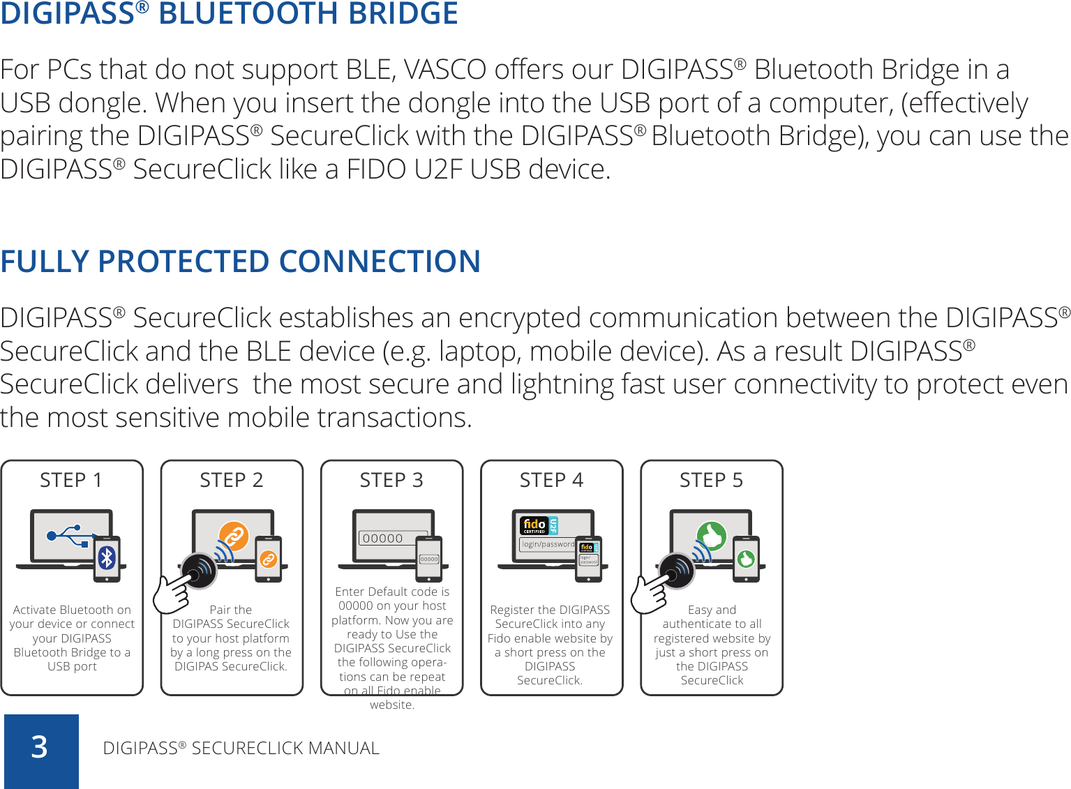 DIGIPASS® BLUETOOTH BRIDGE For PCs that do not support BLE, VASCO offers our DIGIPASS® Bluetooth Bridge in a USB dongle. When you insert the dongle into the USB port of a computer, (effectively pairing the DIGIPASS® SecureClick with the DIGIPASS® Bluetooth Bridge), you can use the DIGIPASS® SecureClick like a FIDO U2F USB device.FULLY PROTECTED CONNECTIONDIGIPASS® SecureClick establishes an encrypted communication between the DIGIPASS® SecureClick and the BLE device (e.g. laptop, mobile device). As a result DIGIPASS® SecureClick delivers  the most secure and lightning fast user connectivity to protect even the most sensitive mobile transactions.DIGIPASS® SECURECLICK MANUAL3STEP 1 STEP 2 STEP 3 STEP 4 STEP 5Activate Bluetooth on your device or connect your DIGIPASS Bluetooth Bridge to a USB portPair the DIGIPASS SecureClick to your host platform by a long press on the DIGIPAS SecureClick.Enter Default code is 00000 on your host platform. Now you are ready to Use the DIGIPASS SecureClick the following opera-tions can be repeat on all Fido enable website.Register the DIGIPASS SecureClick into any Fido enable website by a short press on the DIGIPASS SecureClick.Easy and authenticate to all registered website by just a short press on the DIGIPASS SecureClick