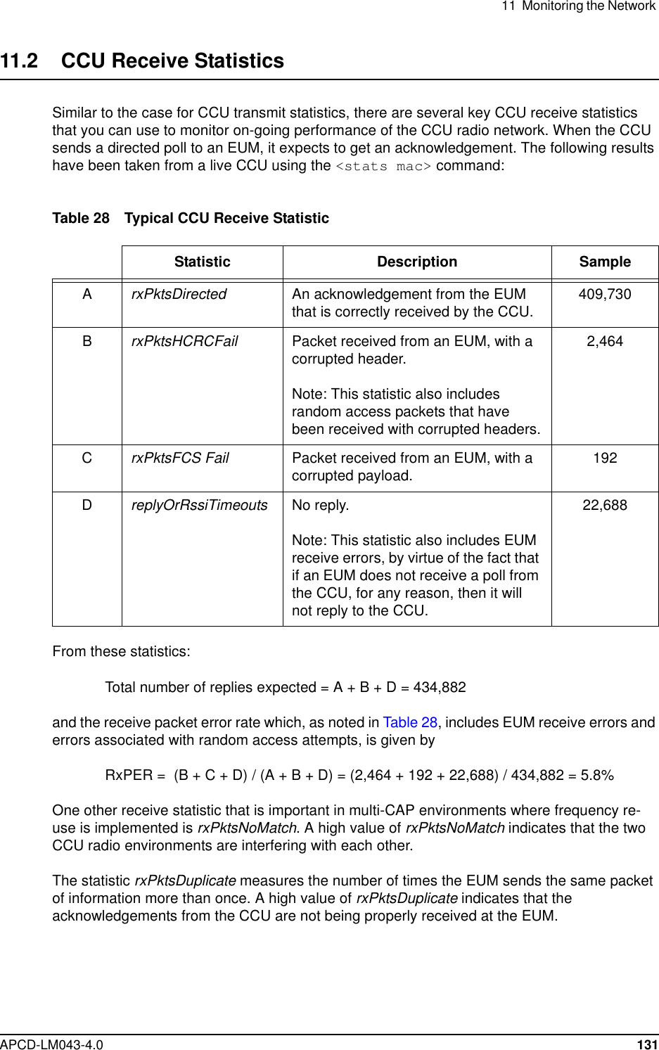 11 Monitoring the NetworkAPCD-LM043-4.0 13111.2 CCU Receive StatisticsSimilar to the case for CCU transmit statistics, there are several key CCU receive statisticsthat you can use to monitor on-going performance of the CCU radio network. When the CCUsends a directed poll to an EUM, it expects to get an acknowledgement. The following resultshave been taken from a live CCU using the &lt;stats mac&gt; command:Table 28 Typical CCU Receive StatisticFrom these statistics:Total number of replies expected = A + B + D = 434,882and the receive packet error rate which, as noted in Table 28, includes EUM receive errors anderrors associated with random access attempts, is given byRxPER= (B+C+D)/(A+B+D)=(2,464+192+22,688)/434,882=5.8%One other receive statistic that is important in multi-CAP environments where frequency re-use is implemented is rxPktsNoMatch. A high value of rxPktsNoMatch indicates that the twoCCU radio environments are interfering with each other.The statistic rxPktsDuplicate measures the number of times the EUM sends the same packetof information more than once. A high value of rxPktsDuplicate indicates that theacknowledgements from the CCU are not being properly received at the EUM.Statistic Description SampleArxPktsDirected An acknowledgement from the EUMthat is correctly received by the CCU. 409,730BrxPktsHCRCFail Packet received from an EUM, with acorrupted header.Note: This statistic also includesrandom access packets that havebeen received with corrupted headers.2,464CrxPktsFCS Fail Packet received from an EUM, with acorrupted payload. 192DreplyOrRssiTimeouts No reply.Note: This statistic also includes EUMreceive errors, by virtue of the fact thatif an EUM does not receive a poll fromthe CCU, for any reason, then it willnot reply to the CCU.22,688