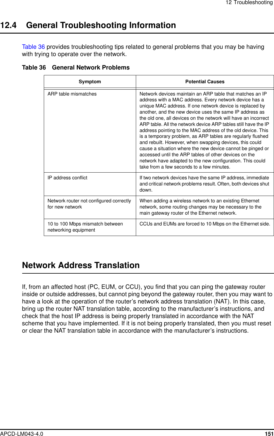 12 TroubleshootingAPCD-LM043-4.0 15112.4 General Troubleshooting InformationTable 36 provides troubleshooting tips related to general problems that you may be havingwith trying to operate over the network.Network Address TranslationIf, from an affected host (PC, EUM, or CCU), you find that you can ping the gateway routerinside or outside addresses, but cannot ping beyond the gateway router, then you may want tohave a look at the operation of the router’s network address translation (NAT). In this case,bring up the router NAT translation table, according to the manufacturer’s instructions, andcheck that the host IP address is being properly translated in accordance with the NATscheme that you have implemented. If it is not being properly translated, then you must resetor clear the NAT translation table in accordance with the manufacturer’s instructions.Table 36 General Network ProblemsSymptom Potential CausesARP table mismatches Network devices maintain an ARP table that matches an IPaddress with a MAC address. Every network device has aunique MAC address. If one network device is replaced byanother, and the new device uses the same IP address asthe old one, all devices on the network will have an incorrectARP table. All the network device ARP tables still have the IPaddress pointing to the MAC address of the old device. Thisis a temporary problem, as ARP tables are regularly flushedand rebuilt. However, when swapping devices, this couldcause a situation where the new device cannot be pinged oraccessed until the ARP tables of other devices on thenetwork have adapted to the new configuration. This couldtake from a few seconds to a few minutes.IP address conflict If two network devices have the same IP address, immediateand critical network problems result. Often, both devices shutdown.Network router not configured correctlyfor new networkWhen adding a wireless network to an existing Ethernetnetwork, some routing changes may be necessary to themain gateway router of the Ethernet network.10 to 100 Mbps mismatch betweennetworking equipmentCCUs and EUMs are forced to 10 Mbps on the Ethernet side.