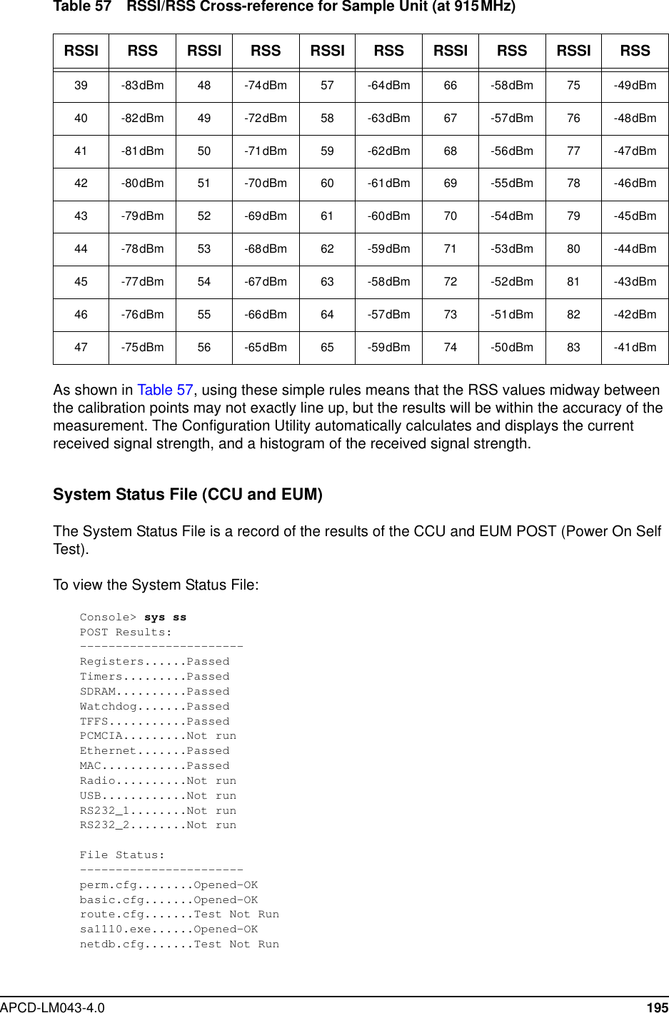 APCD-LM043-4.0 195Table 57 RSSI/RSS Cross-reference for Sample Unit (at 915MHz)As shown in Table 57, using these simple rules means that the RSS values midway betweenthe calibration points may not exactly line up, but the results will be within the accuracy of themeasurement. The Configuration Utility automatically calculates and displays the currentreceived signal strength, and a histogram of the received signal strength.System Status File (CCU and EUM)The System Status File is a record of the results of the CCU and EUM POST (Power On SelfTest).To view the System Status File:Console&gt; sys ssPOST Results:-----------------------Registers......PassedTimers.........PassedSDRAM..........PassedWatchdog.......PassedTFFS...........PassedPCMCIA.........Not runEthernet.......PassedMAC............PassedRadio..........Not runUSB............Not runRS232_1........Not runRS232_2........Not runFile Status:-----------------------perm.cfg........Opened-OKbasic.cfg.......Opened-OKroute.cfg.......Test Not Runsa1110.exe......Opened-OKnetdb.cfg.......Test Not RunRSSI RSS RSSI RSS RSSI RSS RSSI RSS RSSI RSS39 -83dBm 48 -74dBm 57 -64dBm 66 -58dBm 75 -49dBm40 -82dBm 49 -72dBm 58 -63dBm 67 -57dBm 76 -48dBm41 -81dBm 50 -71dBm 59 -62dBm 68 -56dBm 77 -47dBm42 -80dBm 51 -70dBm 60 -61dBm 69 -55dBm 78 -46dBm43 -79dBm 52 -69dBm 61 -60dBm 70 -54dBm 79 -45dBm44 -78dBm 53 -68dBm 62 -59dBm 71 -53dBm 80 -44dBm45 -77dBm 54 -67dBm 63 -58dBm 72 -52dBm 81 -43dBm46 -76dBm 55 -66dBm 64 -57dBm 73 -51dBm 82 -42dBm47 -75dBm 56 -65dBm 65 -59dBm 74 -50dBm 83 -41dBm