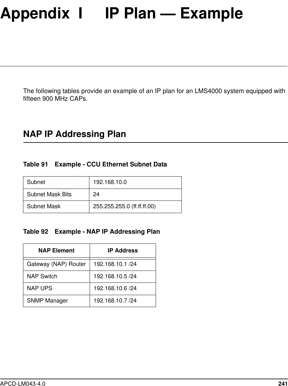 APCD-LM043-4.0 241Appendix I IP Plan — ExampleThe following tables provide an example of an IP plan for an LMS4000 system equipped withfifteen 900 MHz CAPs.NAP IP Addressing PlanTable 91 Example - CCU Ethernet Subnet DataTable 92 Example - NAP IP Addressing PlanSubnet 192.168.10.0Subnet Mask Bits 24Subnet Mask 255.255.255.0 (ff.ff.ff.00)NAP Element IP AddressGateway (NAP) Router 192.168.10.1 /24NAP Switch 192.168.10.5 /24NAP UPS 192.168.10.6 /24SNMP Manager 192.168.10.7 /24