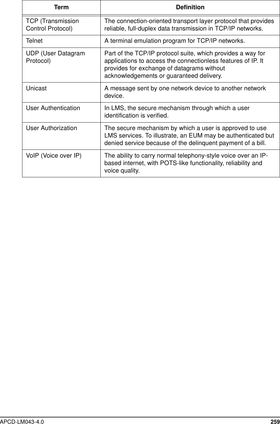 APCD-LM043-4.0 259TCP (TransmissionControl Protocol) The connection-oriented transport layer protocol that providesreliable, full-duplex data transmission in TCP/IP networks.Telnet A terminal emulation program for TCP/IP networks.UDP (User DatagramProtocol) Part of the TCP/IP protocol suite, which provides a way forapplications to access the connectionless features of IP. Itprovides for exchange of datagrams withoutacknowledgements or guaranteed delivery.Unicast A message sent by one network device to another networkdevice.User Authentication In LMS, the secure mechanism through which a useridentification is verified.User Authorization The secure mechanism by which a user is approved to useLMS services. To illustrate, an EUM may be authenticated butdenied service because of the delinquent payment of a bill.VoIP (Voice over IP) The ability to carry normal telephony-style voice over an IP-based internet, with POTS-like functionality, reliability andvoice quality.Term Definition