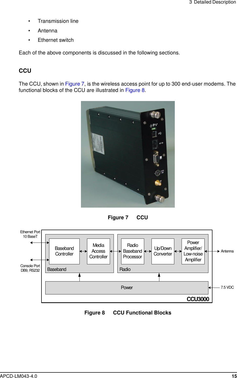 3 Detailed DescriptionAPCD-LM043-4.0 15• Transmission line• Antenna• Ethernet switchEach of the above components is discussed in the following sections.CCUThe CCU, shown in Figure 7, is the wireless access point for up to 300 end-user modems. Thefunctional blocks of the CCU are illustrated in Figure 8.Figure 7 CCUFigure 8 CCU Functional BlocksBasebandControllerRadioBasebandProcessorPowerAmplifier/Low-noiseAmplifierUp/DownConverterMediaAccessControllerEthernet Port10 BaseTConsole PortDB9, RS232CCU3000Antenna7.5 VDCRadioPowerBaseband