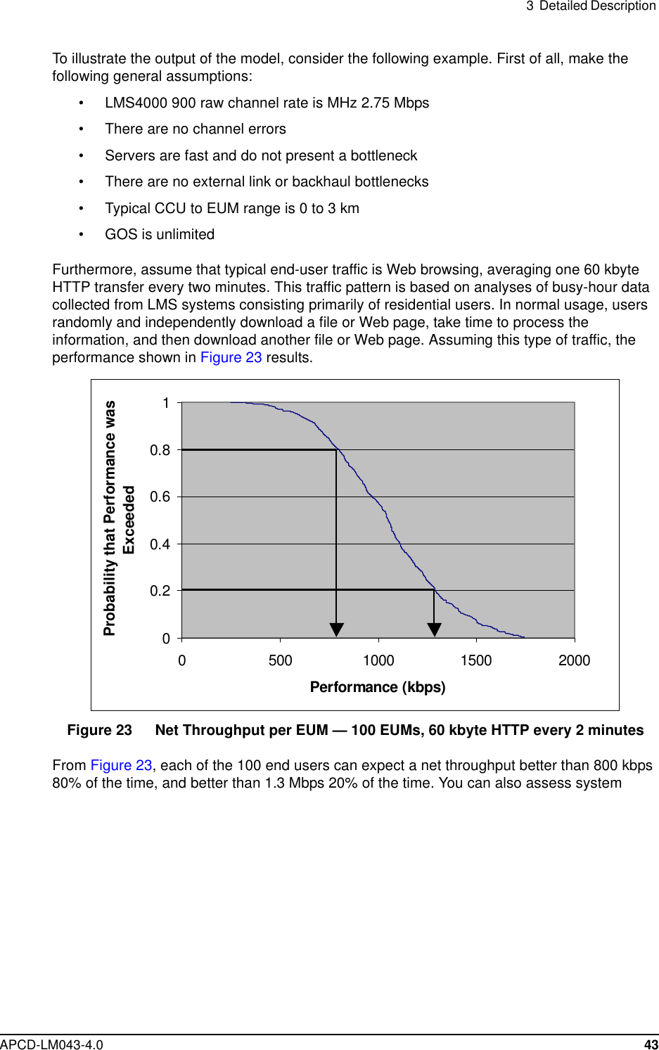 3 Detailed DescriptionAPCD-LM043-4.0 43To illustrate the output of the model, consider the following example. First of all, make thefollowing general assumptions:• LMS4000 900 raw channel rate is MHz 2.75 Mbps• There are no channel errors• Servers are fast and do not present a bottleneck• There are no external link or backhaul bottlenecks• TypicalCCUtoEUMrangeis0to3km• GOS is unlimitedFurthermore, assume that typical end-user traffic is Web browsing, averaging one 60 kbyteHTTP transfer every two minutes. This traffic pattern is based on analyses of busy-hour datacollected from LMS systems consisting primarily of residential users. In normal usage, usersrandomly and independently download a file or Web page, take time to process theinformation, and then download another file or Web page. Assuming this type of traffic, theperformance shown in Figure 23 results.Figure 23 Net Throughput per EUM — 100 EUMs, 60 kbyte HTTP every 2 minutesFrom Figure 23, each of the 100 end users can expect a net throughput better than 800 kbps80% of the time, and better than 1.3 Mbps 20% of the time. You can also assess system00.20.40.60.810 500 1000 1500 2000Performance (kbps)Probability that Performance wasExceeded