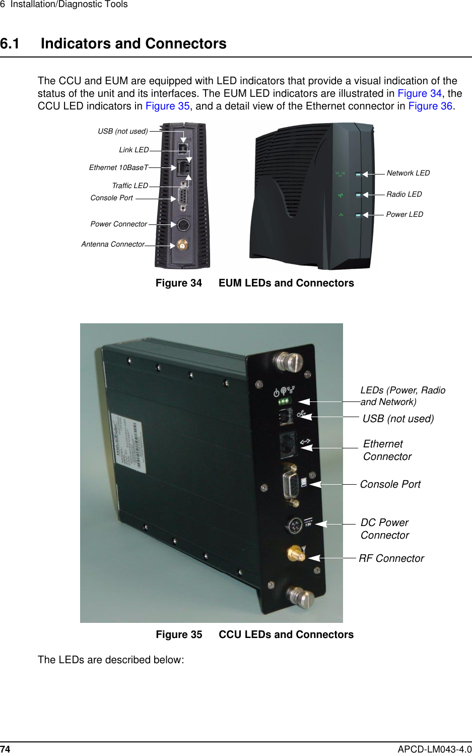 6 Installation/Diagnostic Tools74 APCD-LM043-4.06.1 Indicators and ConnectorsThe CCU and EUM are equipped with LED indicators that provide a visual indication of thestatus of the unit and its interfaces. The EUM LED indicators are illustrated in Figure 34,theCCU LED indicators in Figure 35, and a detail view of the Ethernet connector in Figure 36.Figure 34 EUM LEDs and ConnectorsFigure 35 CCU LEDs and ConnectorsThe LEDs are described below:Network LEDRadio LEDPower LEDEthernet 10BaseTConsole PortPower ConnectorAntenna ConnectorTraffic LEDLink LEDUSB (not used)LEDs (Power, Radioand Network)RF ConnectorUSB (not used)DC PowerConnectorConsole PortEthernetConnector